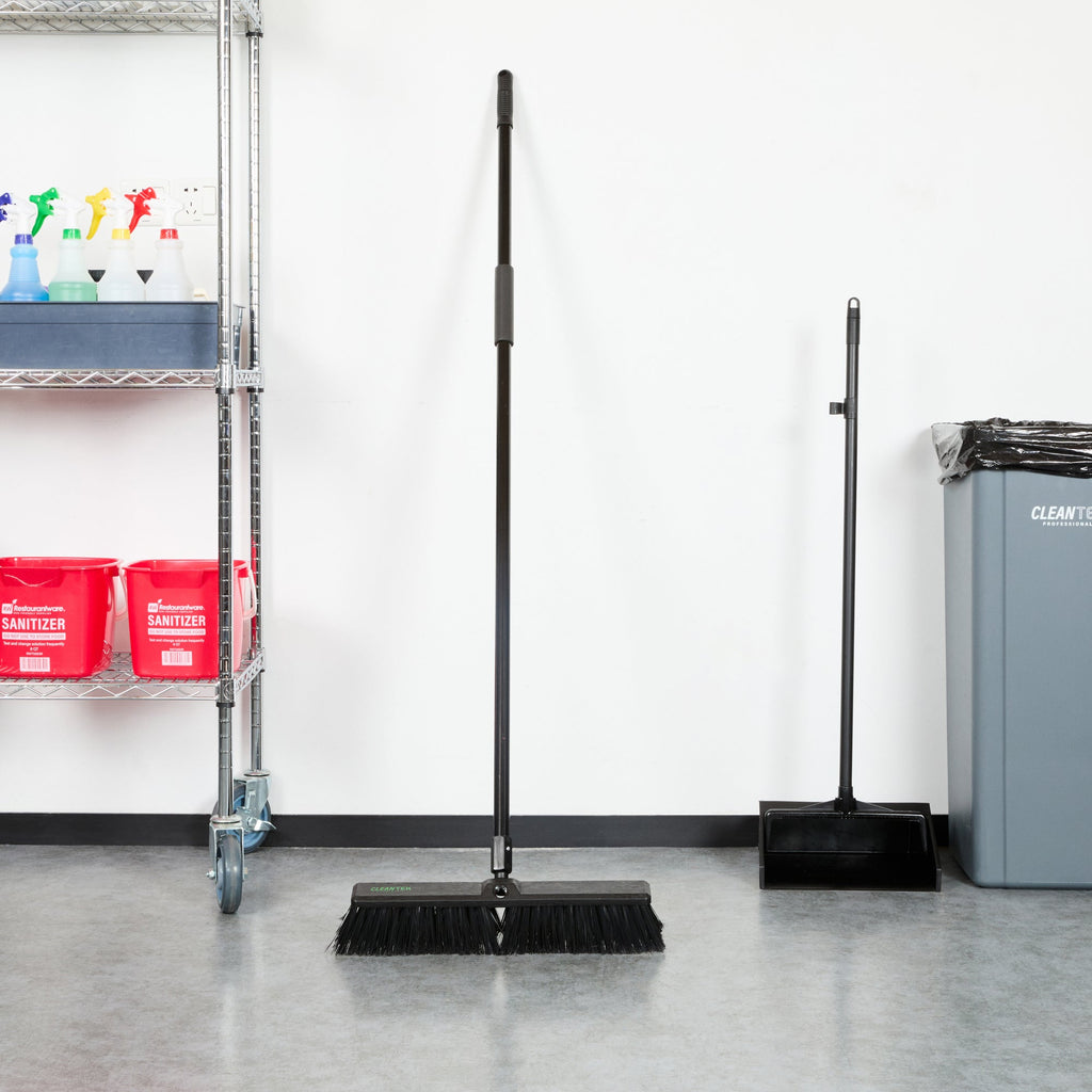 Clean Tek Professional 17 1/4" Black Plastic Push Broom - with Medium Flagged Bristles, 59" Steel Handle - 1 count box