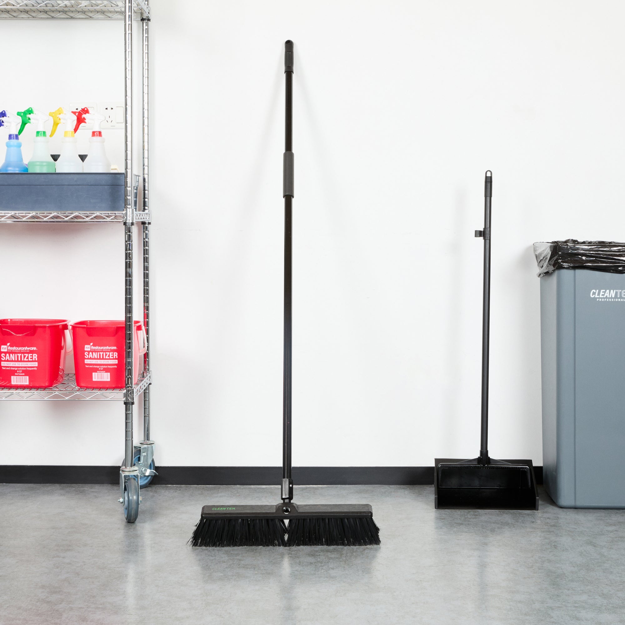 Clean Tek Professional 17 1/4" Black Plastic Push Broom - with Medium Flagged Bristles, 59" Steel Handle - 1 count box