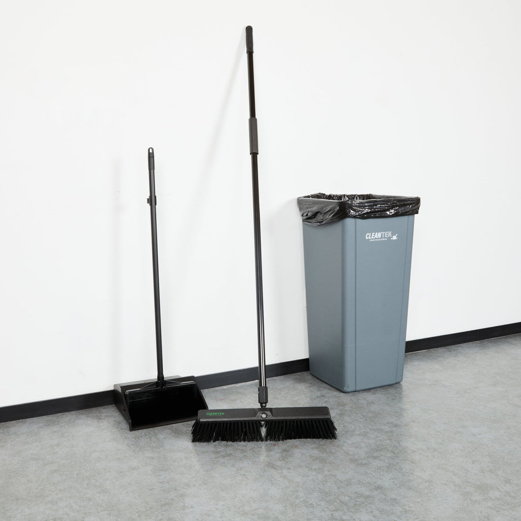Clean Tek Professional 17 1/4" Black Plastic Push Broom - with Heavy Unflagged Bristles, 59" Steel Handle - 1 count box
