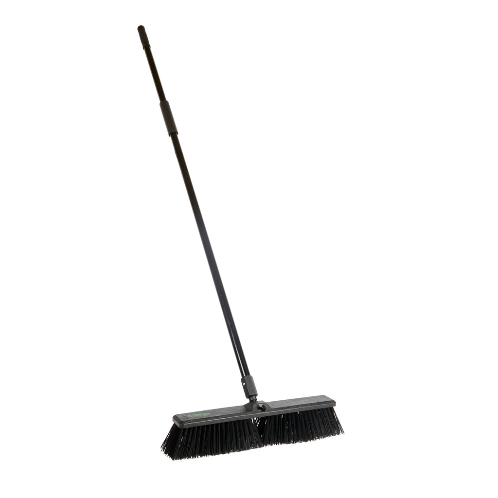 Clean Tek Professional 17 1/4" Black Plastic Push Broom - with Heavy Unflagged Bristles, 59" Steel Handle - 1 count box