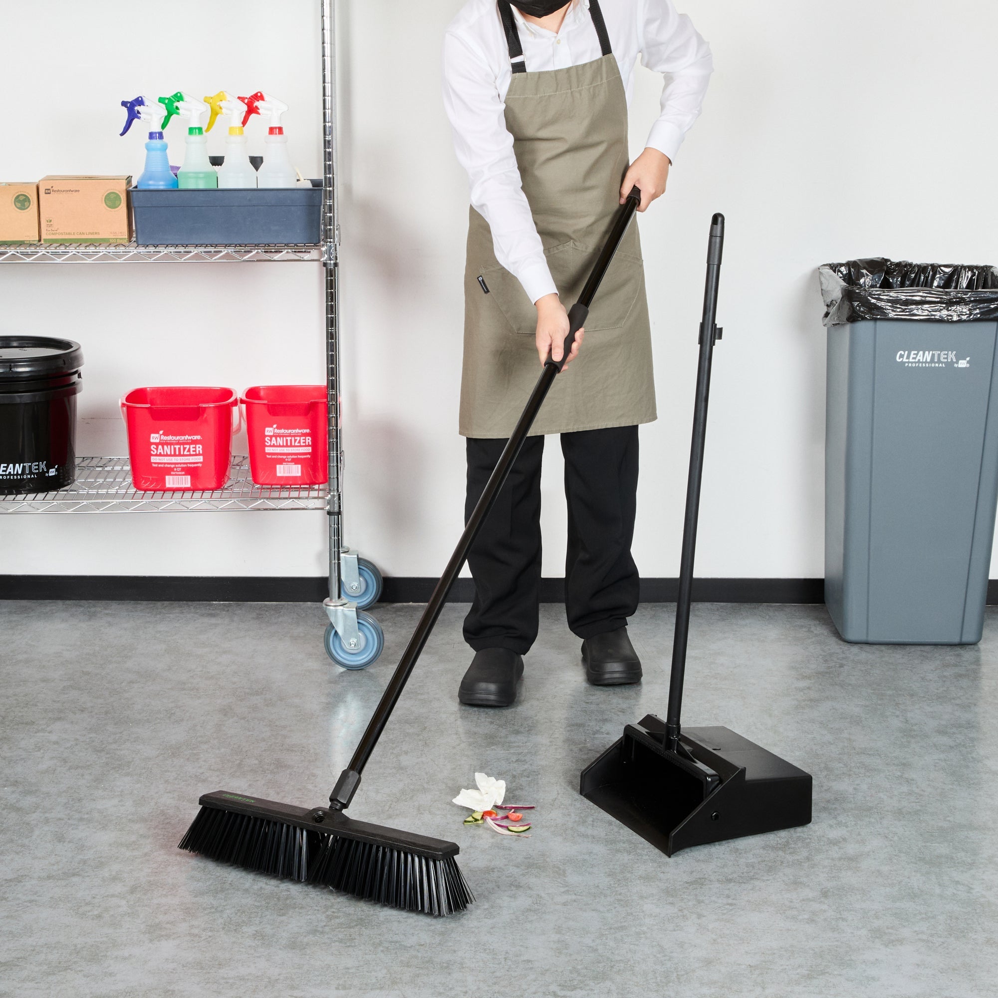 Clean Tek Professional 17 1/4" Black Plastic Push Broom - with Heavy Unflagged Bristles, 59" Steel Handle - 1 count box