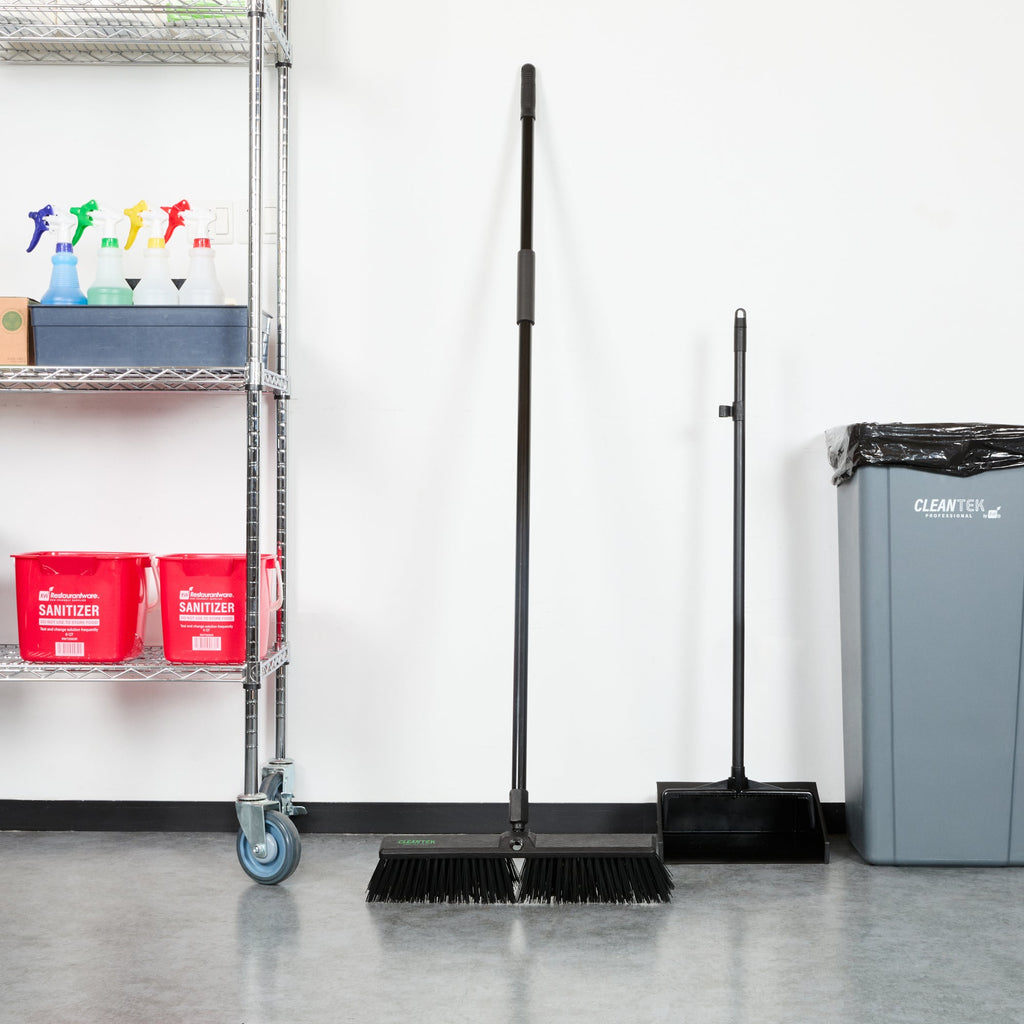 Clean Tek Professional 17 1/4" Black Plastic Push Broom - with Heavy Unflagged Bristles, 59" Steel Handle - 1 count box