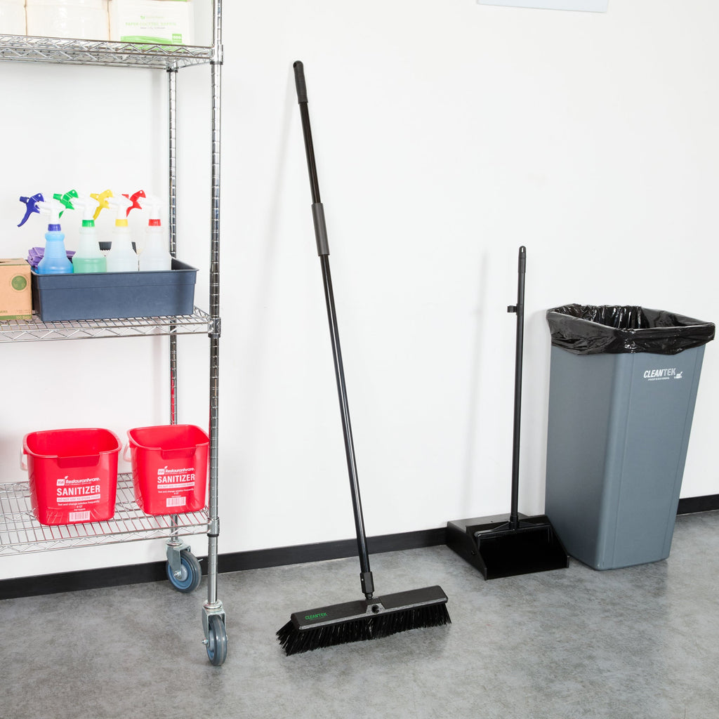 Clean Tek Professional 17 1/4" Black Plastic Push Broom - with Heavy Unflagged Bristles, 59" Steel Handle - 1 count box