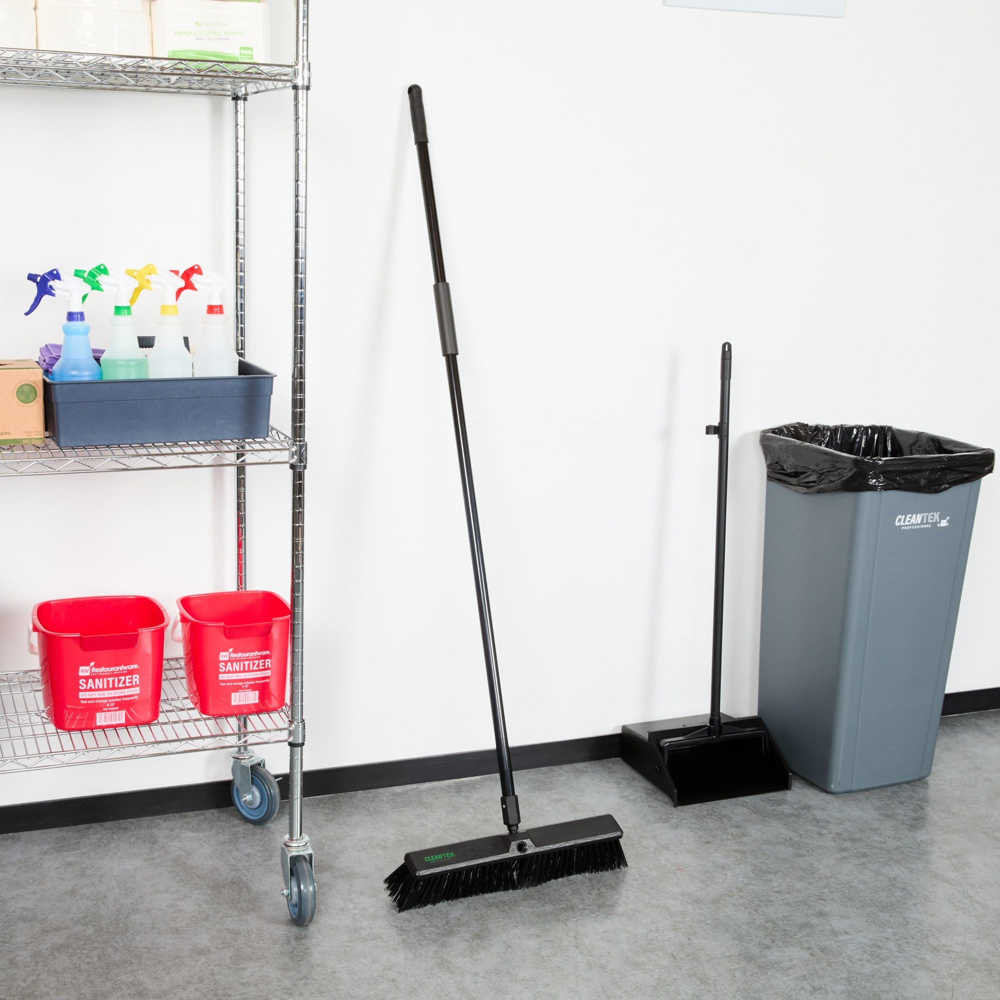 Clean Tek Professional 17 1/4" Black Plastic Push Broom - with Heavy Unflagged Bristles, 59" Steel Handle - 1 count box