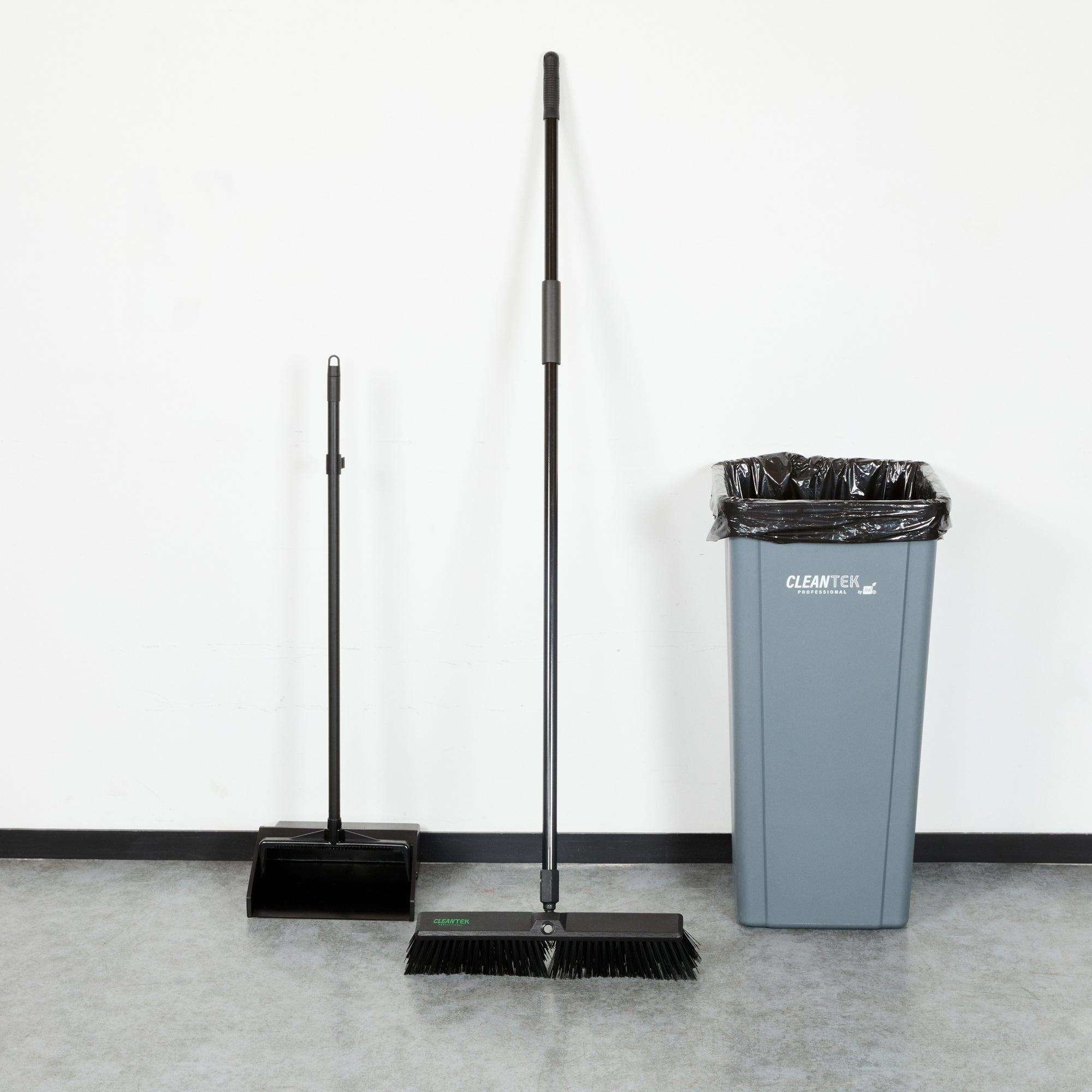 Clean Tek Professional 17 1/4" Black Plastic Push Broom - with Heavy Unflagged Bristles, 59" Steel Handle - 1 count box