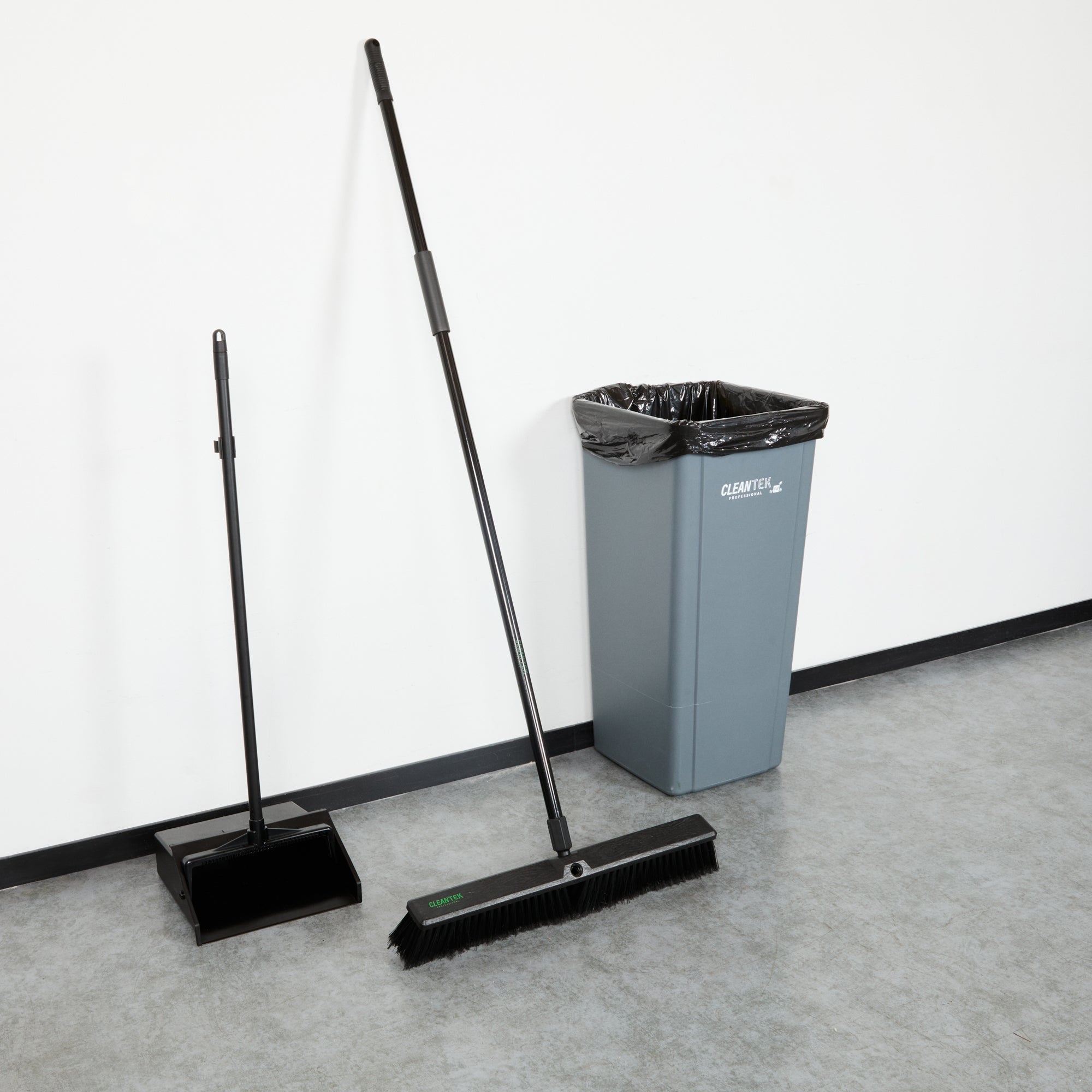 Clean Tek Professional 23 1/2" Black Plastic Push Broom - with Fine Flagged Bristles, 59" Steel Handle - 1 count box