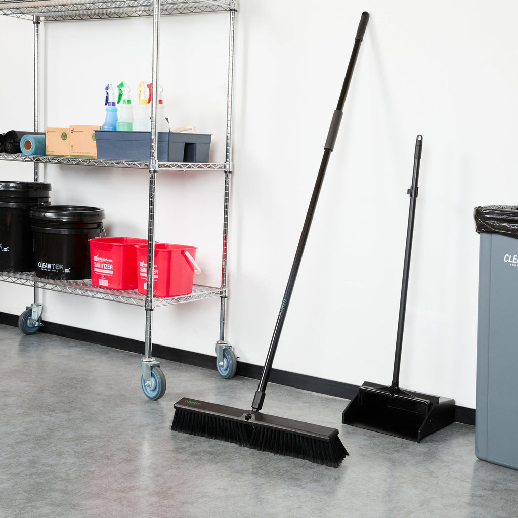 Clean Tek Professional 23 1/2" Black Plastic Push Broom - with Fine Flagged Bristles, 59" Steel Handle - 1 count box