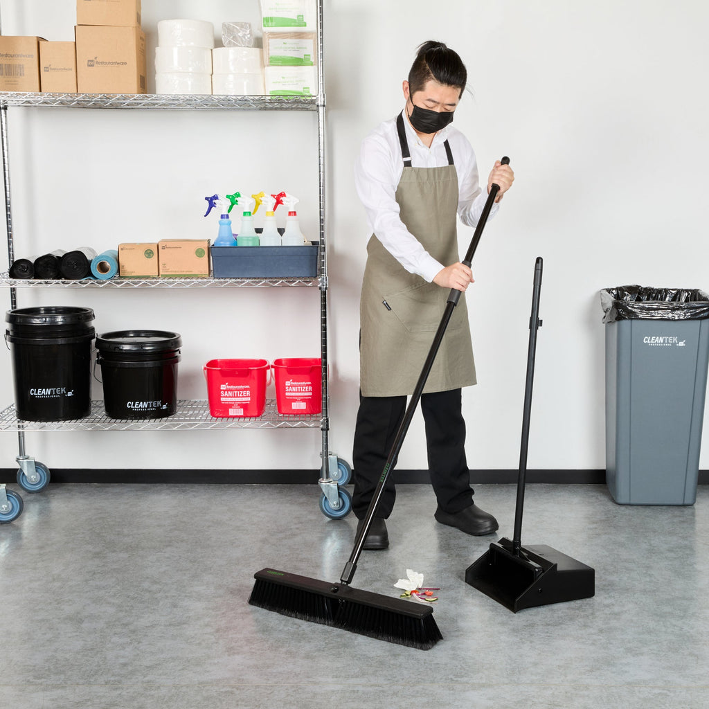 Clean Tek Professional 23 1/2" Black Plastic Push Broom - with Fine Flagged Bristles, 59" Steel Handle - 1 count box