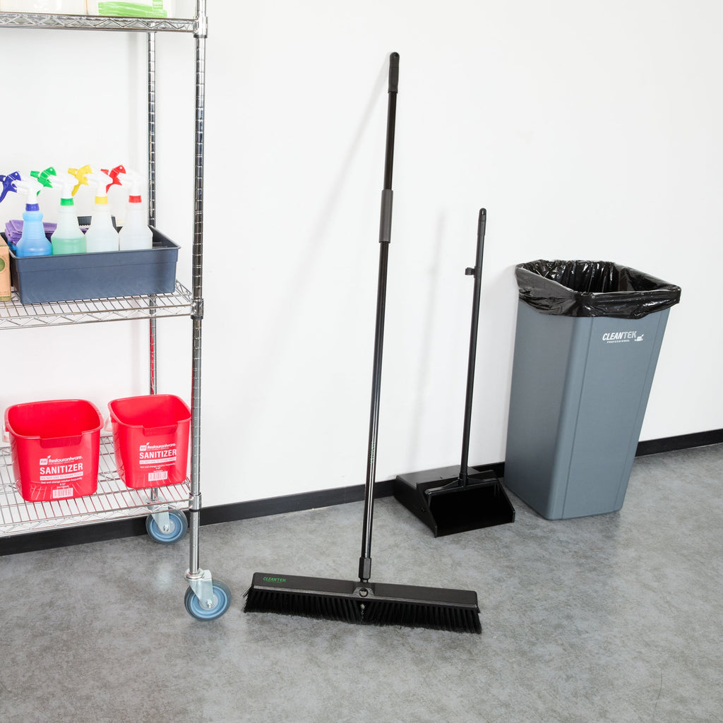 Clean Tek Professional 23 1/2" Black Plastic Push Broom - with Fine Flagged Bristles, 59" Steel Handle - 1 count box
