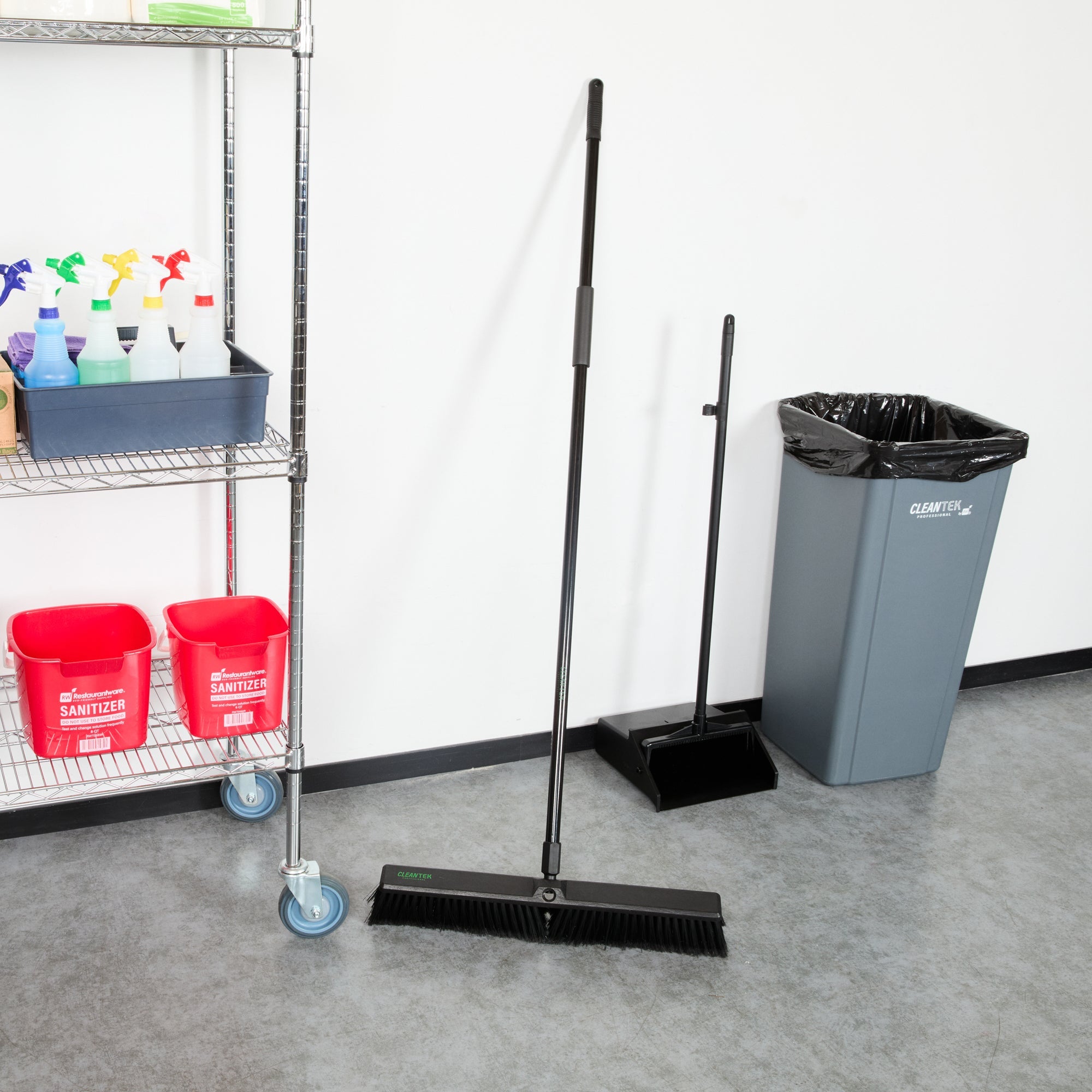 Clean Tek Professional 23 1/2" Black Plastic Push Broom - with Fine Flagged Bristles, 59" Steel Handle - 1 count box