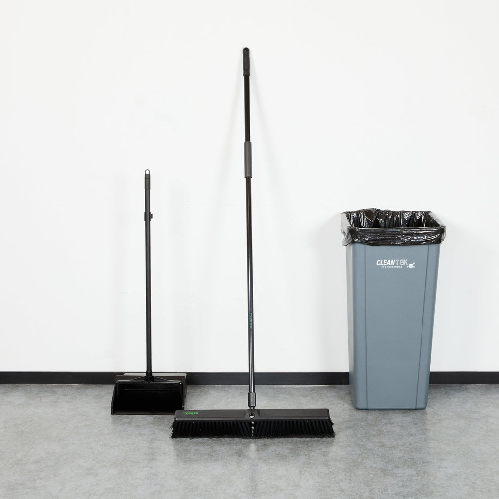 Clean Tek Professional 23 1/2" Black Plastic Push Broom - with Fine Flagged Bristles, 59" Steel Handle - 1 count box
