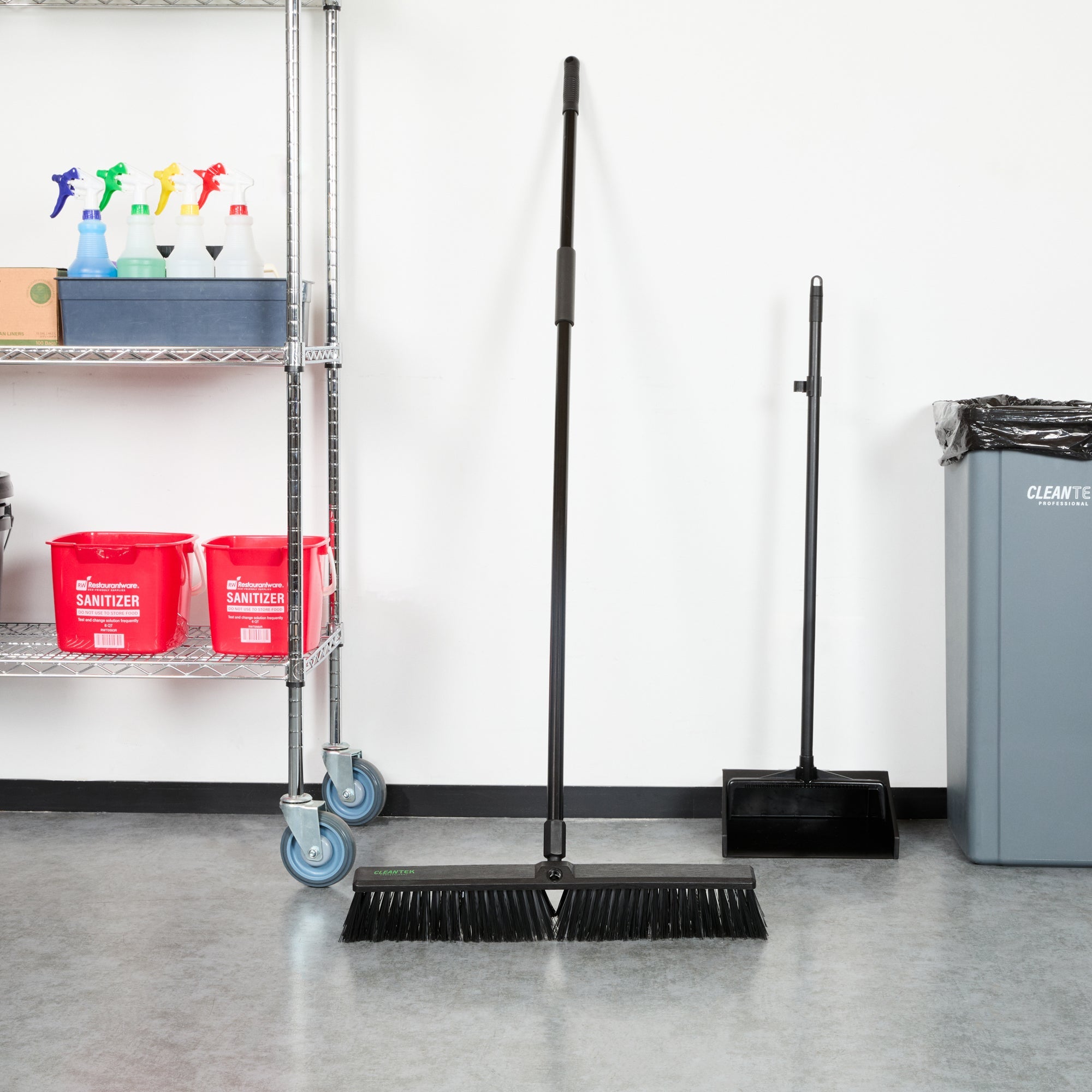 Clean Tek Professional 23 1/2" Black Plastic Push Broom - with Medium Flagged Bristles, 59" Steel Handle - 1 count box