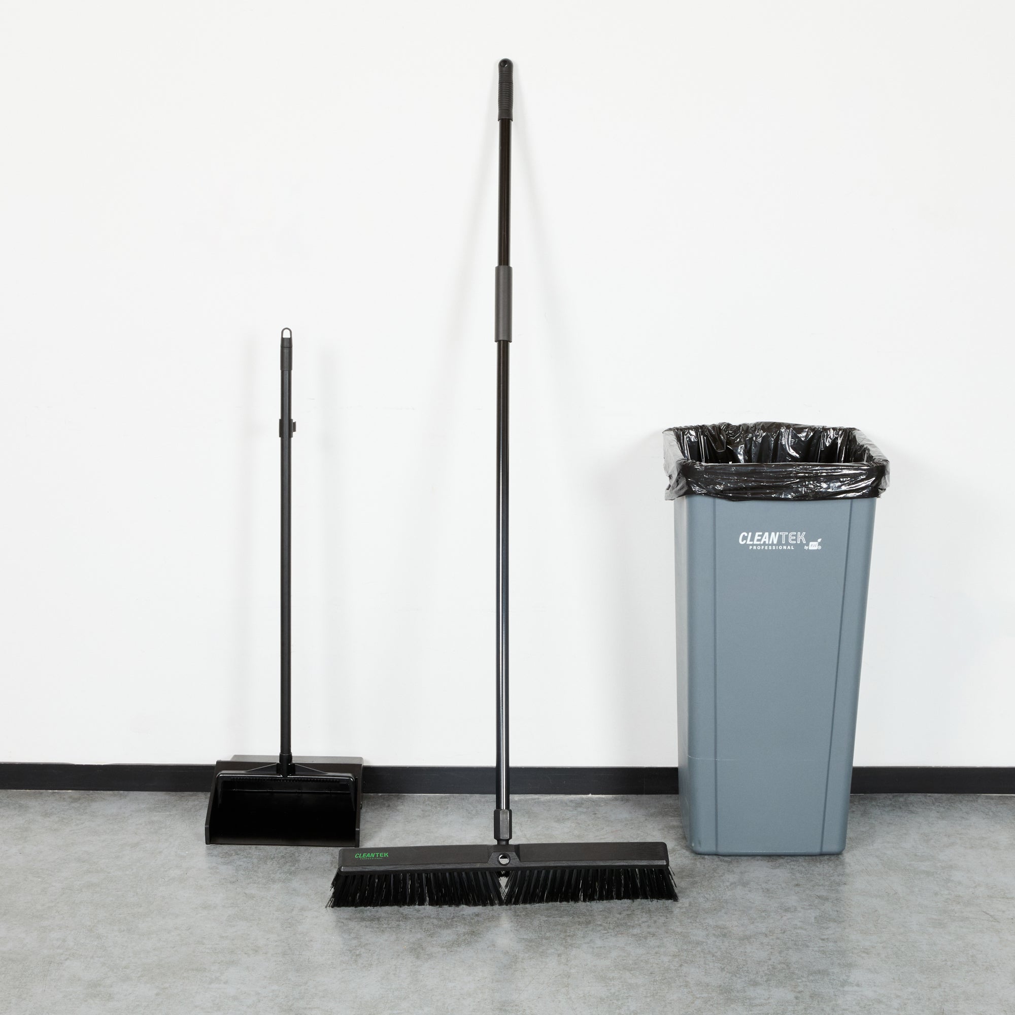 Clean Tek Professional 23 1/2" Black Plastic Push Broom - with Medium Flagged Bristles, 59" Steel Handle - 1 count box