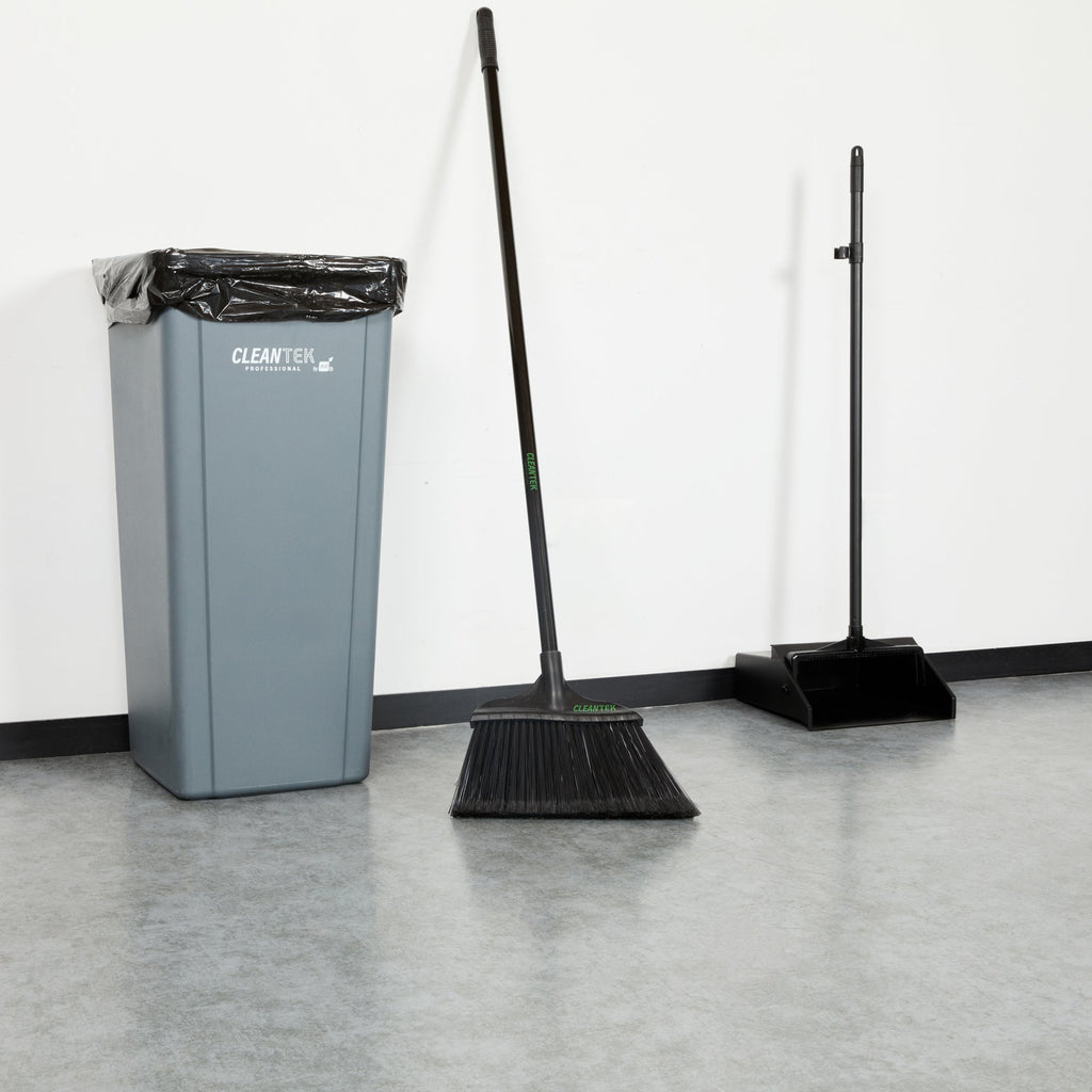 Clean Tek Professional 13 3/4" Black Plastic Wide Angled Broom - with Flagged Bristles, 48" Steel Handle - 1 count box