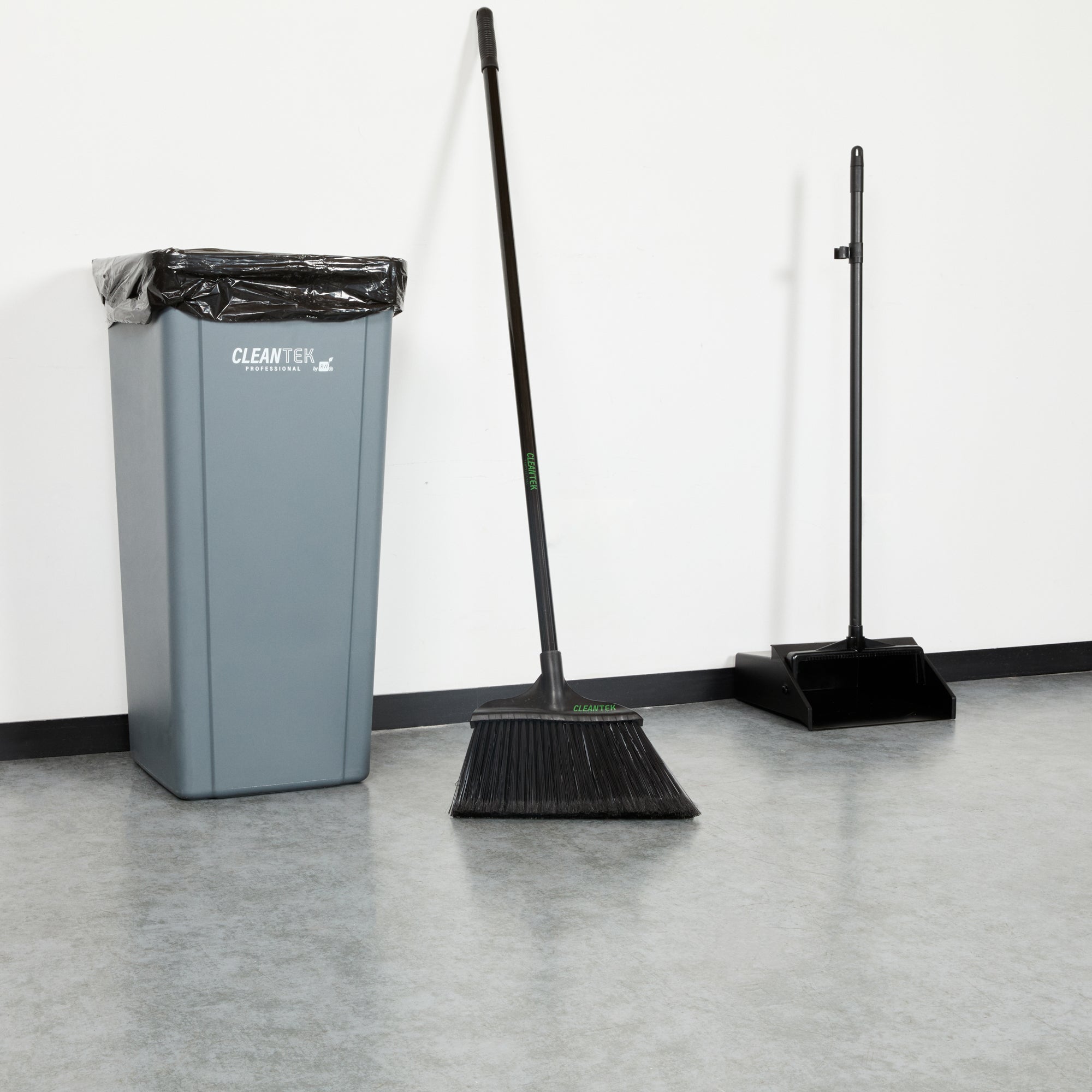 Clean Tek Professional 13 3/4" Black Plastic Wide Angled Broom - with Flagged Bristles, 48" Steel Handle - 1 count box
