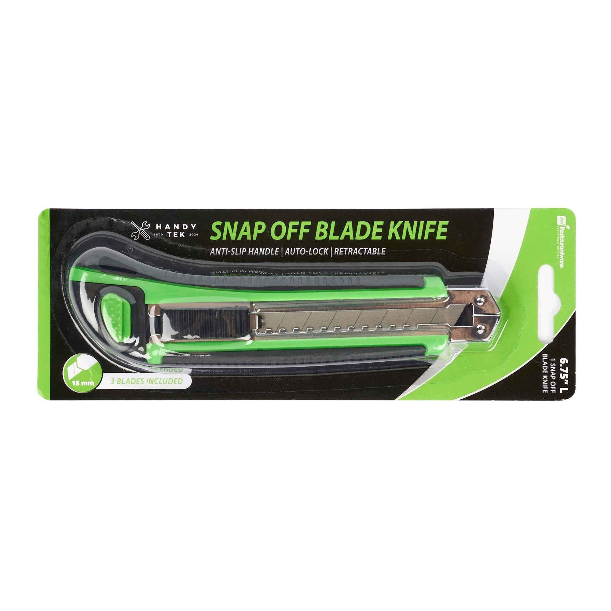 Handy Tek Green Snap Off Blade Knife - Anti-Slip Handle - 6 3/4" - 12 count box