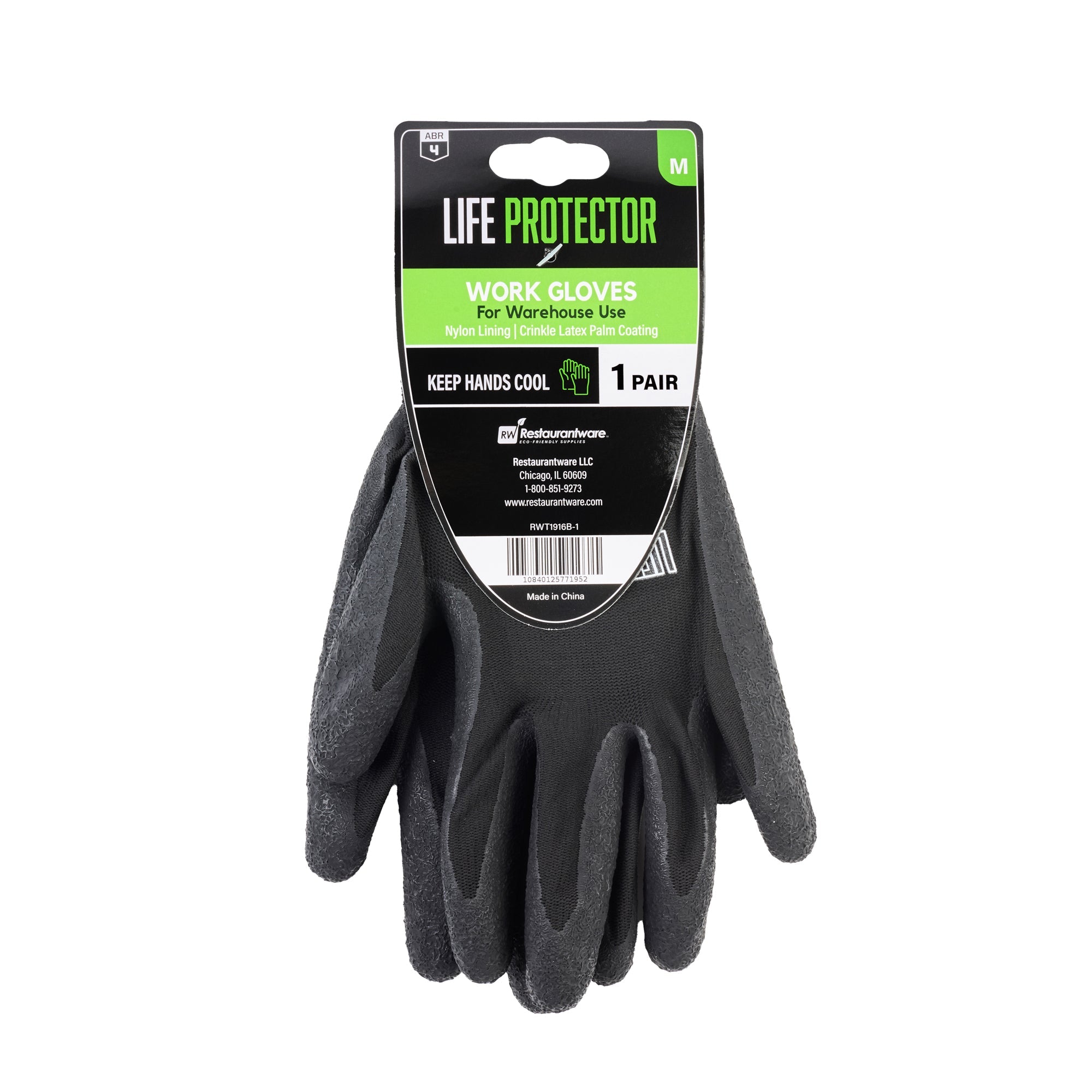 Life Protector Black Nylon Medium Work Gloves - with Crinkle Latex Palm Coating - Pair - 1 count box