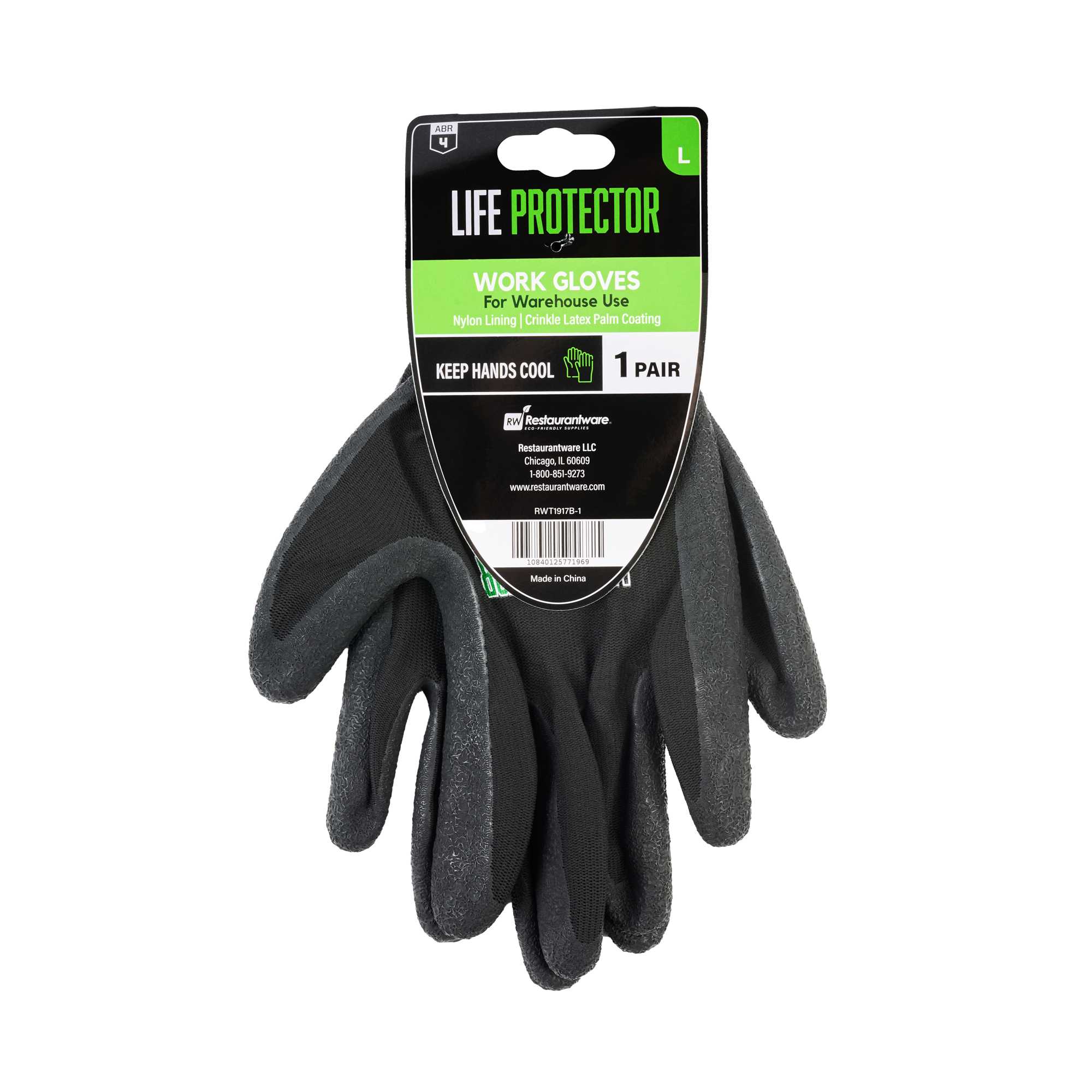 Life Protector Black Nylon Large Work Gloves - with Crinkle Latex Palm Coating - Pair - 1 count box