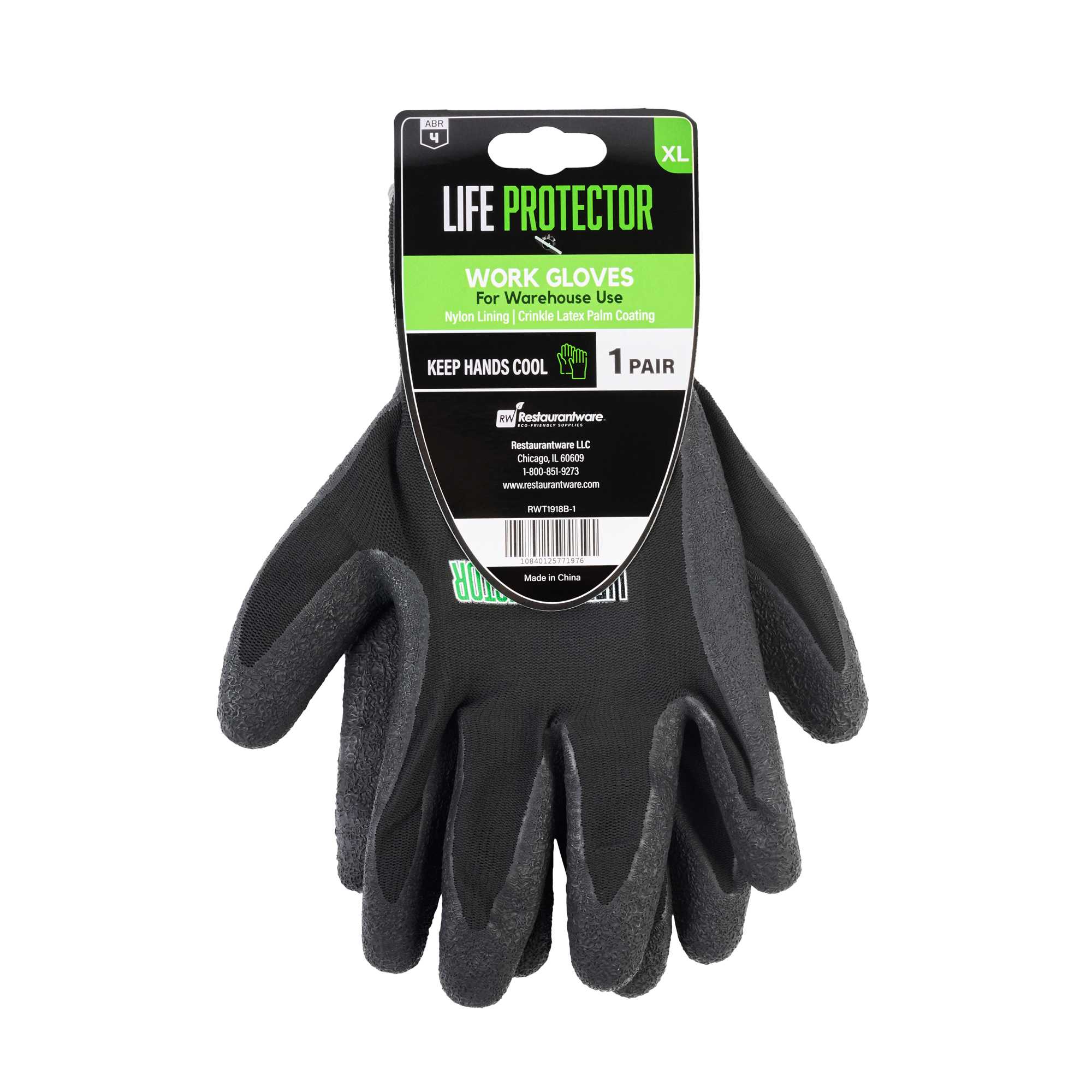 Life Protector Black Nylon Extra Large Work Gloves - with Crinkle Latex Palm Coating - Pair - 1 count box