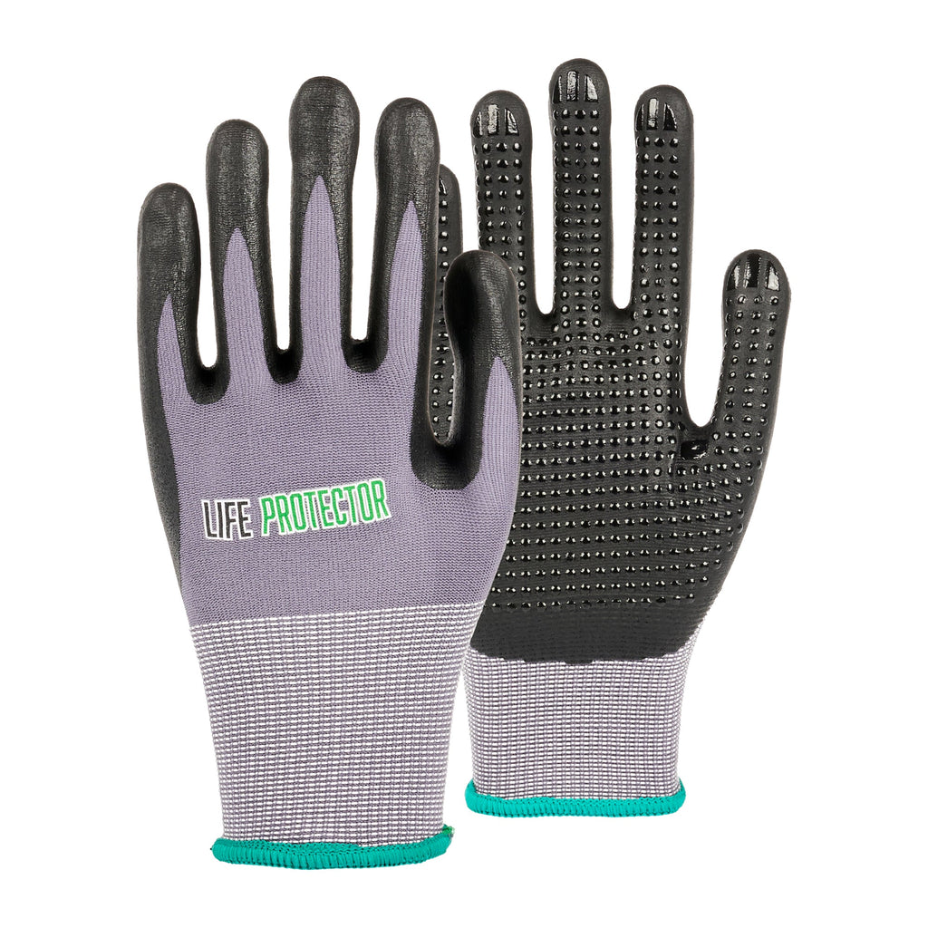 Life Protector Gray Nylon / Spandex Medium Work Gloves - with Ultra-Thin Foam Nitrile Palm Coating and Dots - Pair - 1 count box