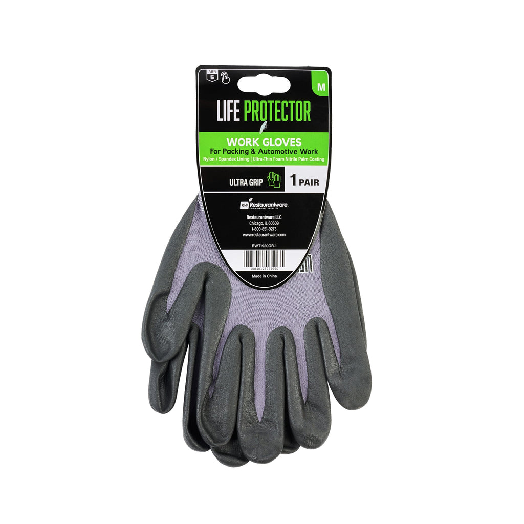 Life Protector Gray Nylon / Spandex Medium Work Gloves - with Ultra-Thin Foam Nitrile Palm Coating and Dots - Pair - 10 count box