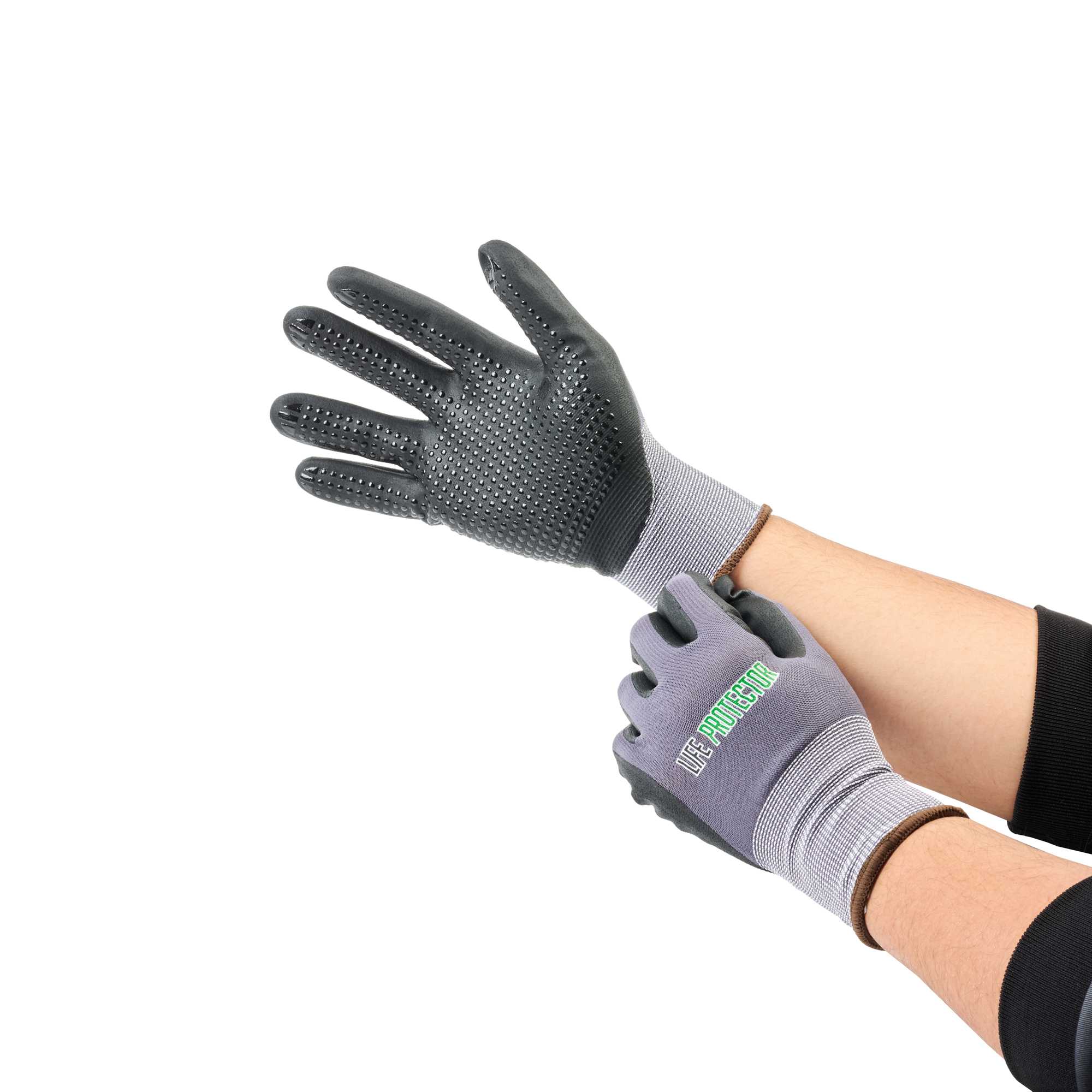 Life Protector Gray Nylon / Spandex Large Work Gloves - with Ultra-Thin Foam Nitrile Palm Coating and Dots - Pair - 1 count box