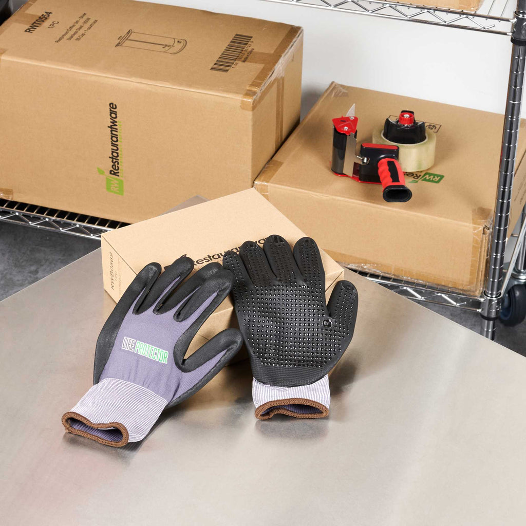 Life Protector Gray Nylon / Spandex Large Work Gloves - with Ultra-Thin Foam Nitrile Palm Coating and Dots - Pair - 1 count box