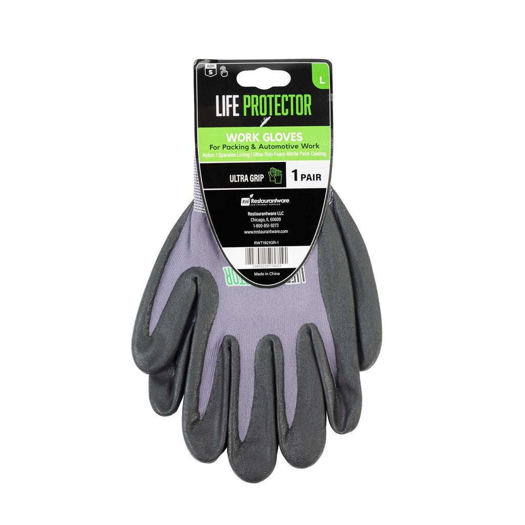 Life Protector Gray Nylon / Spandex Large Work Gloves - with Ultra-Thin Foam Nitrile Palm Coating and Dots - Pair - 1 count box