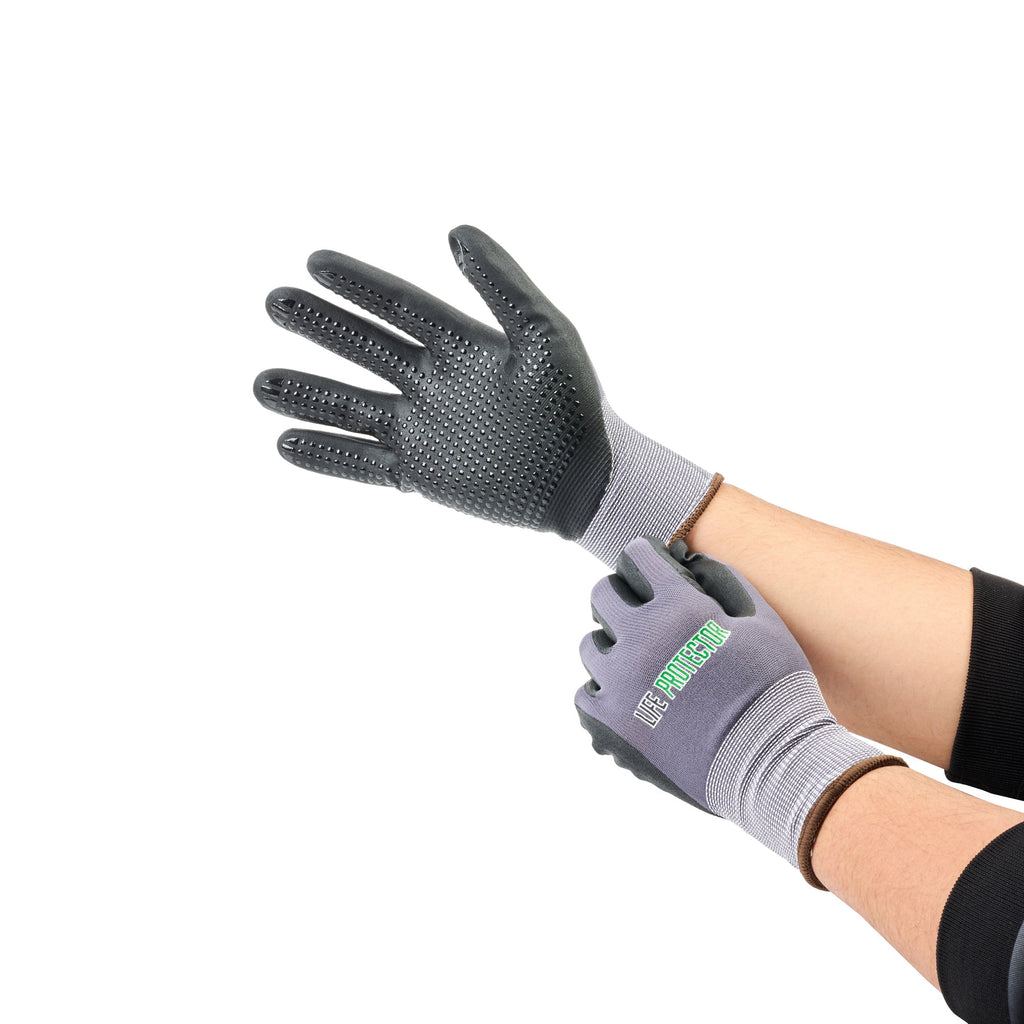 Life Protector Gray Nylon / Spandex Large Work Gloves - with Ultra-Thin Foam Nitrile Palm Coating and Dots - Pair - 10 count box