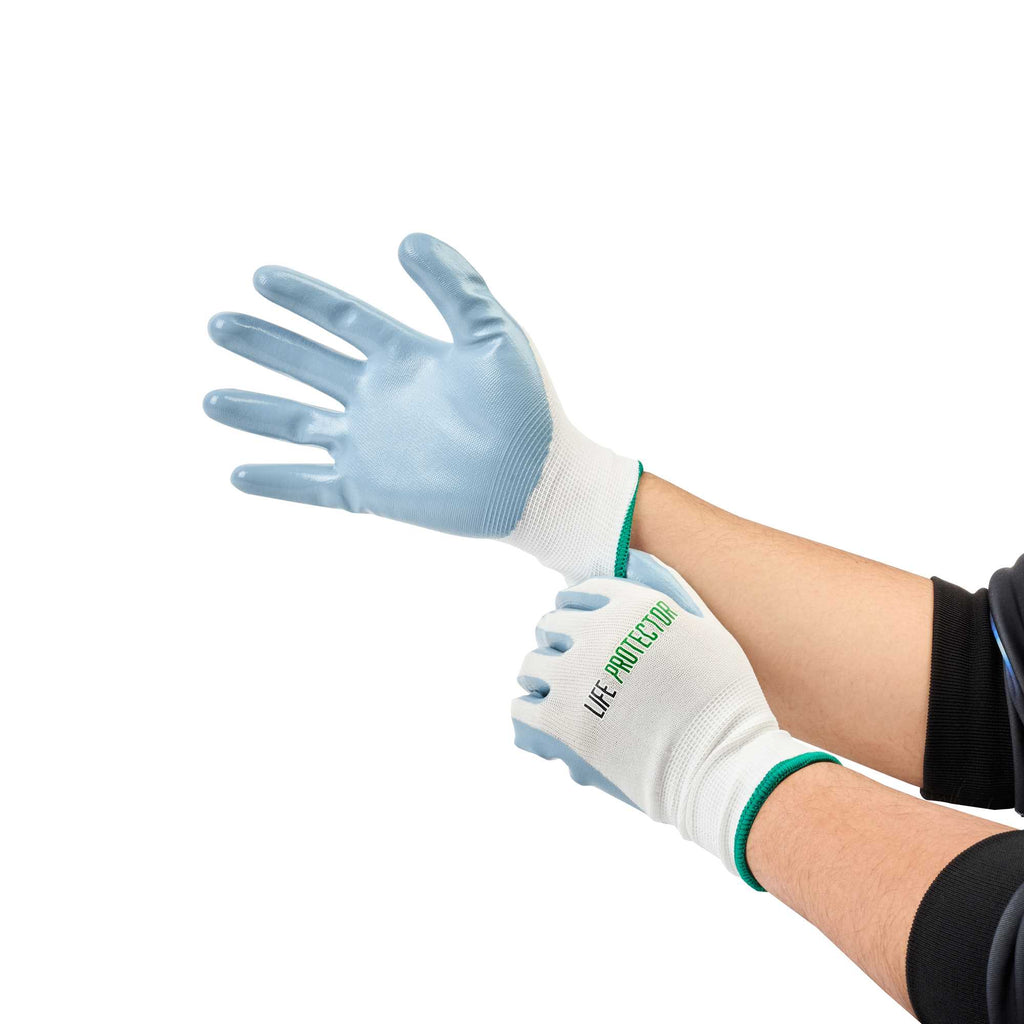 Life Protector White Nylon Medium Work Gloves - with Flat Nitrile Palm Coating - Pair - 1 count box