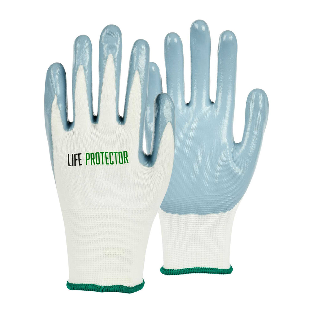 Life Protector White Nylon Medium Work Gloves - with Flat Nitrile Palm Coating - Pair - 1 count box