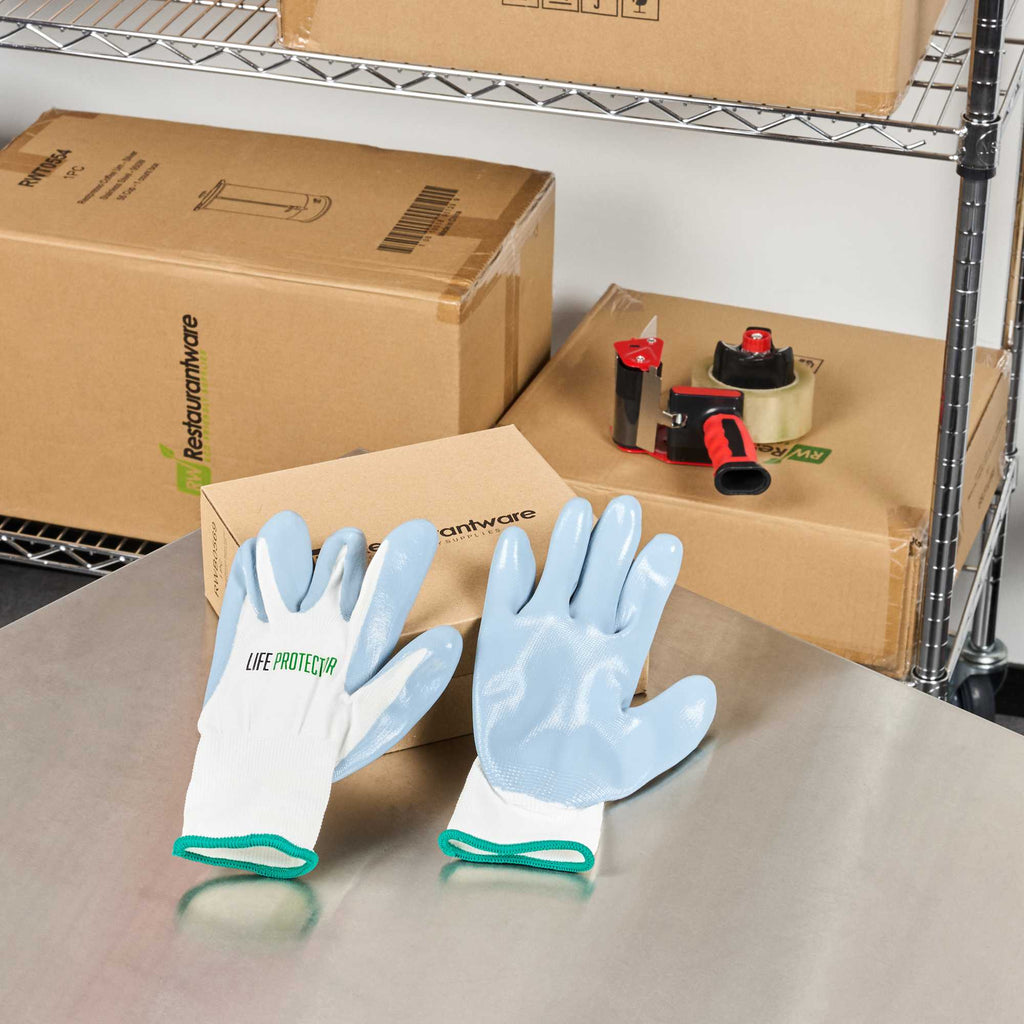 Life Protector White Nylon Medium Work Gloves - with Flat Nitrile Palm Coating - Pair - 1 count box