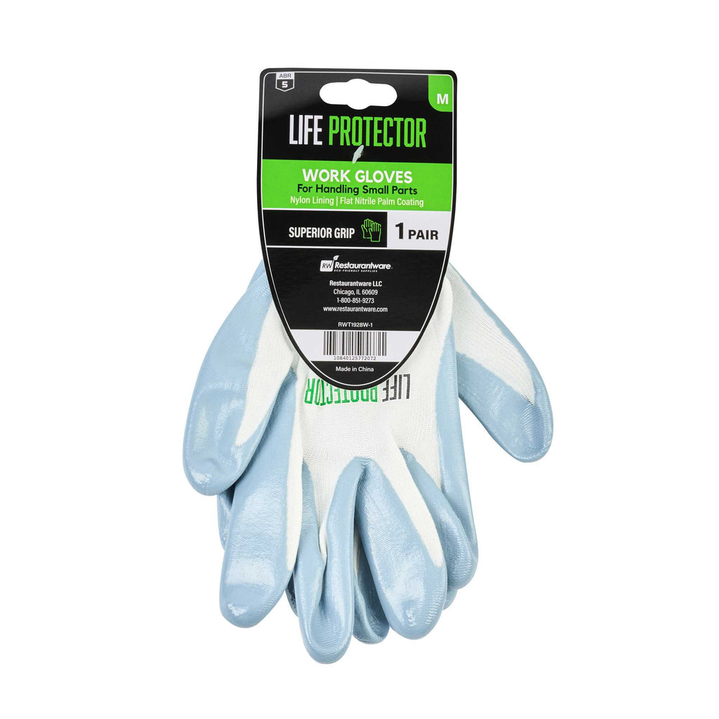 Life Protector White Nylon Medium Work Gloves - with Flat Nitrile Palm Coating - Pair - 1 count box