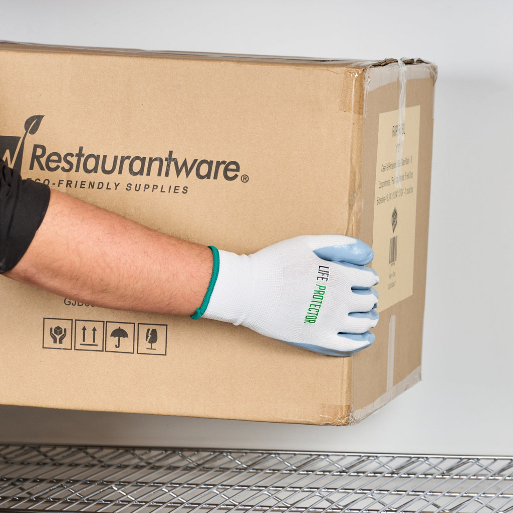 Life Protector White Nylon Medium Work Gloves - with Flat Nitrile Palm Coating - Pair - 10 count box