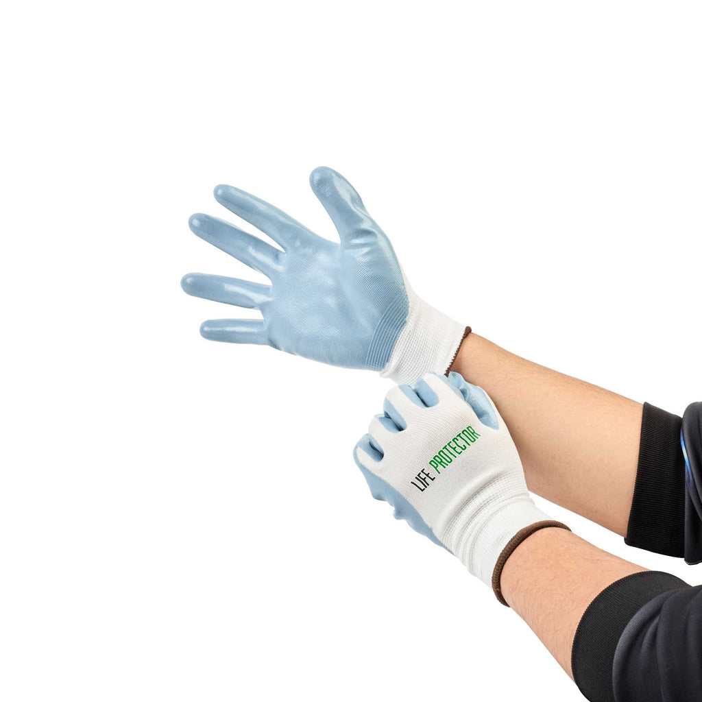 Life Protector White Nylon Large Work Gloves - with Flat Nitrile Palm Coating - Pair - 1 count box