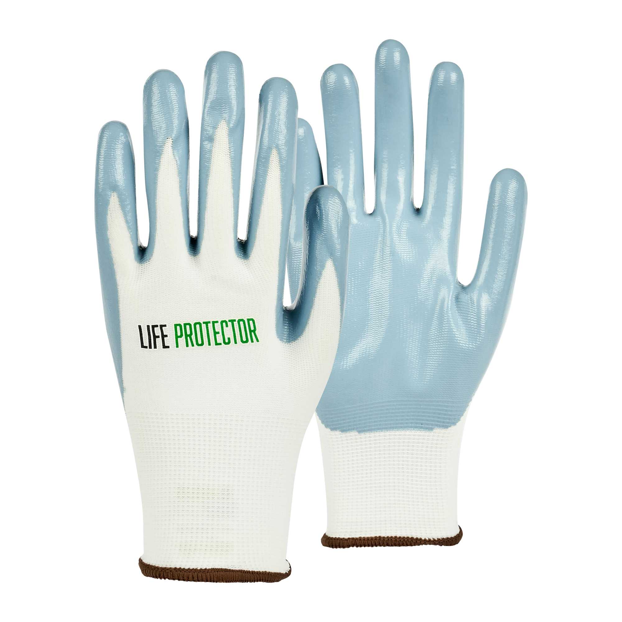 Life Protector White Nylon Large Work Gloves - with Flat Nitrile Palm Coating - Pair - 1 count box