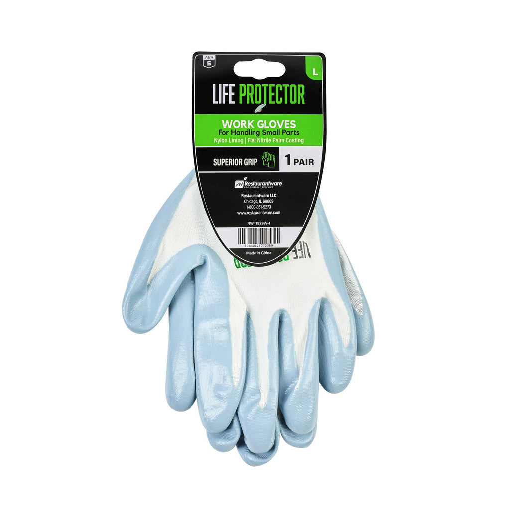 Life Protector White Nylon Large Work Gloves - with Flat Nitrile Palm Coating - Pair - 1 count box