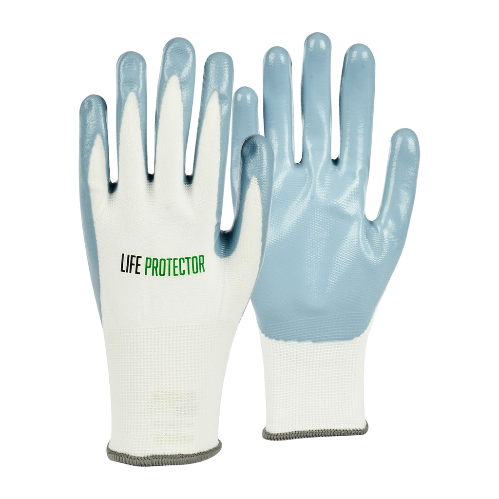 Life Protector White Nylon Extra Large Work Gloves - with Flat Nitrile Palm Coating - Pair - 1 count box