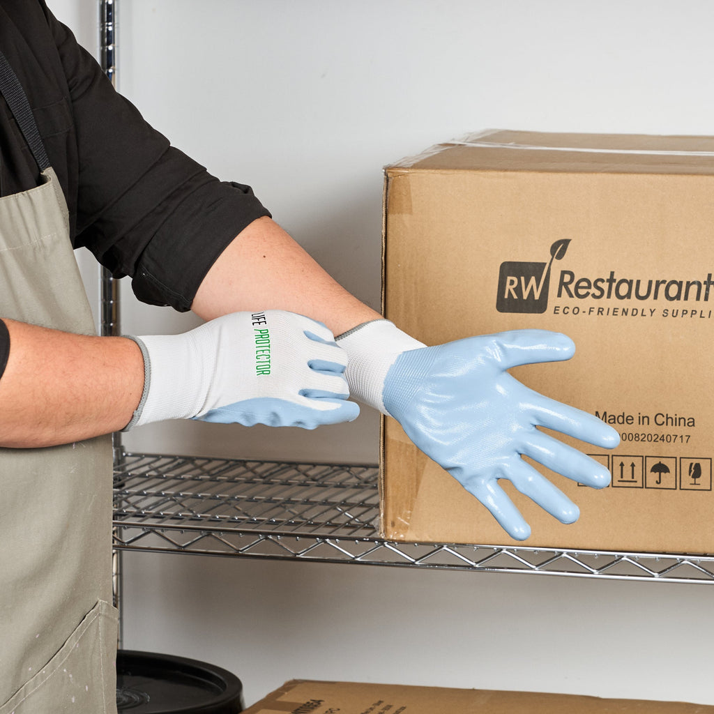 Life Protector White Nylon Extra Large Work Gloves - with Flat Nitrile Palm Coating - Pair - 10 count box