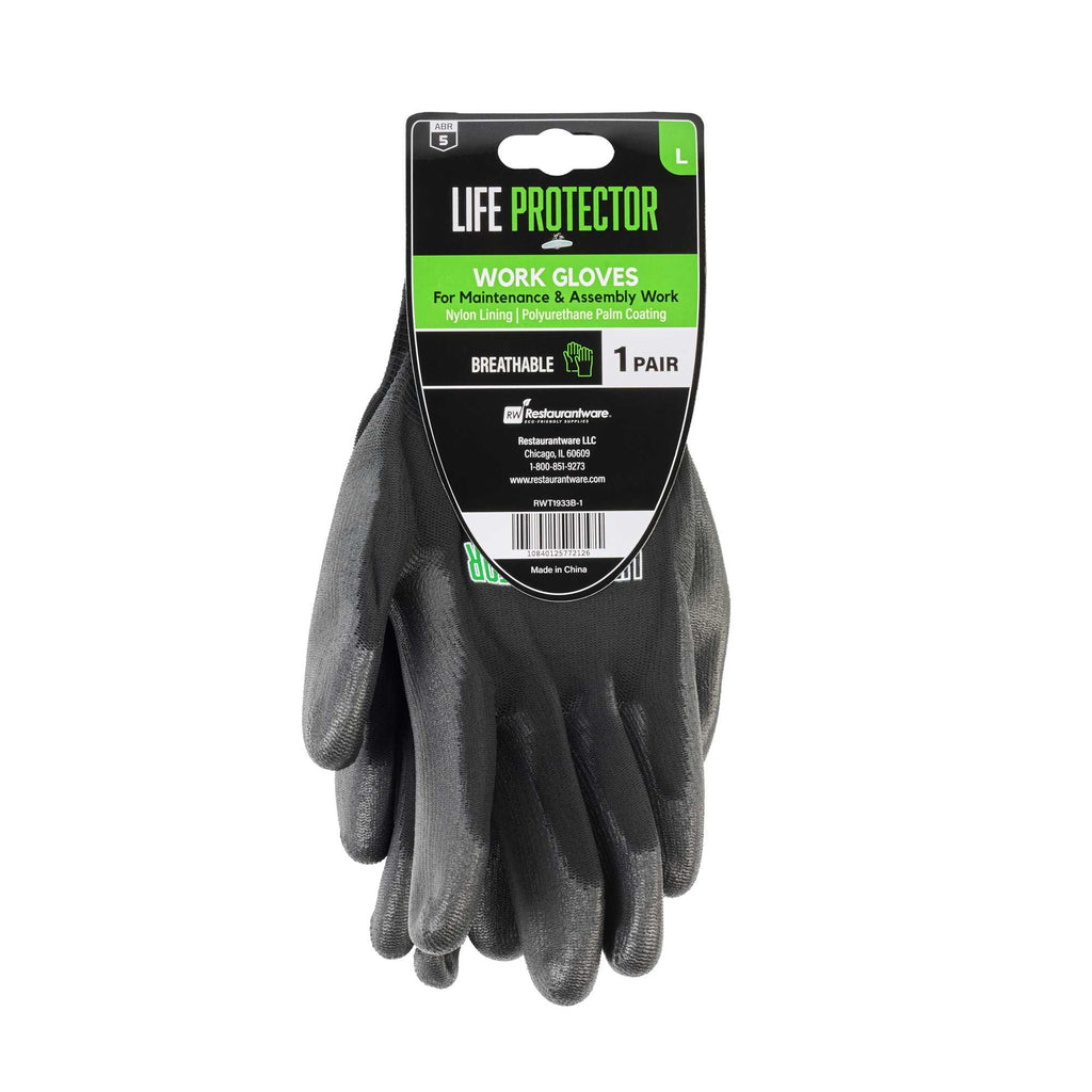Life Protector Black Nylon Large Work Gloves - with Polyurethane Palm Coating - Pair - 1 count box