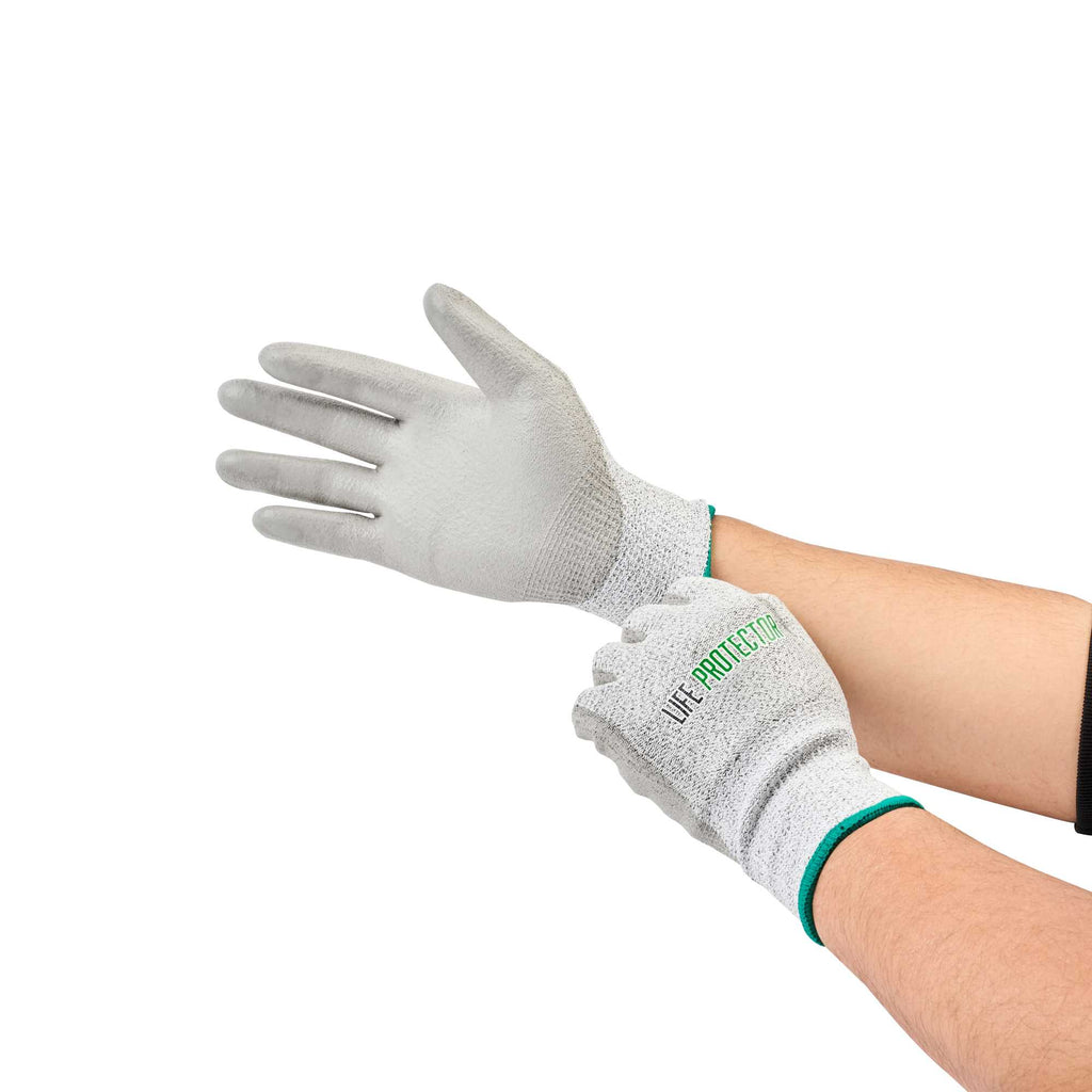 Life Protector Gray HPPE Polyester / Spandex Medium Work Gloves - with Polyurethane Palm Coating, Cut-Resistant - Pair - 1 count box