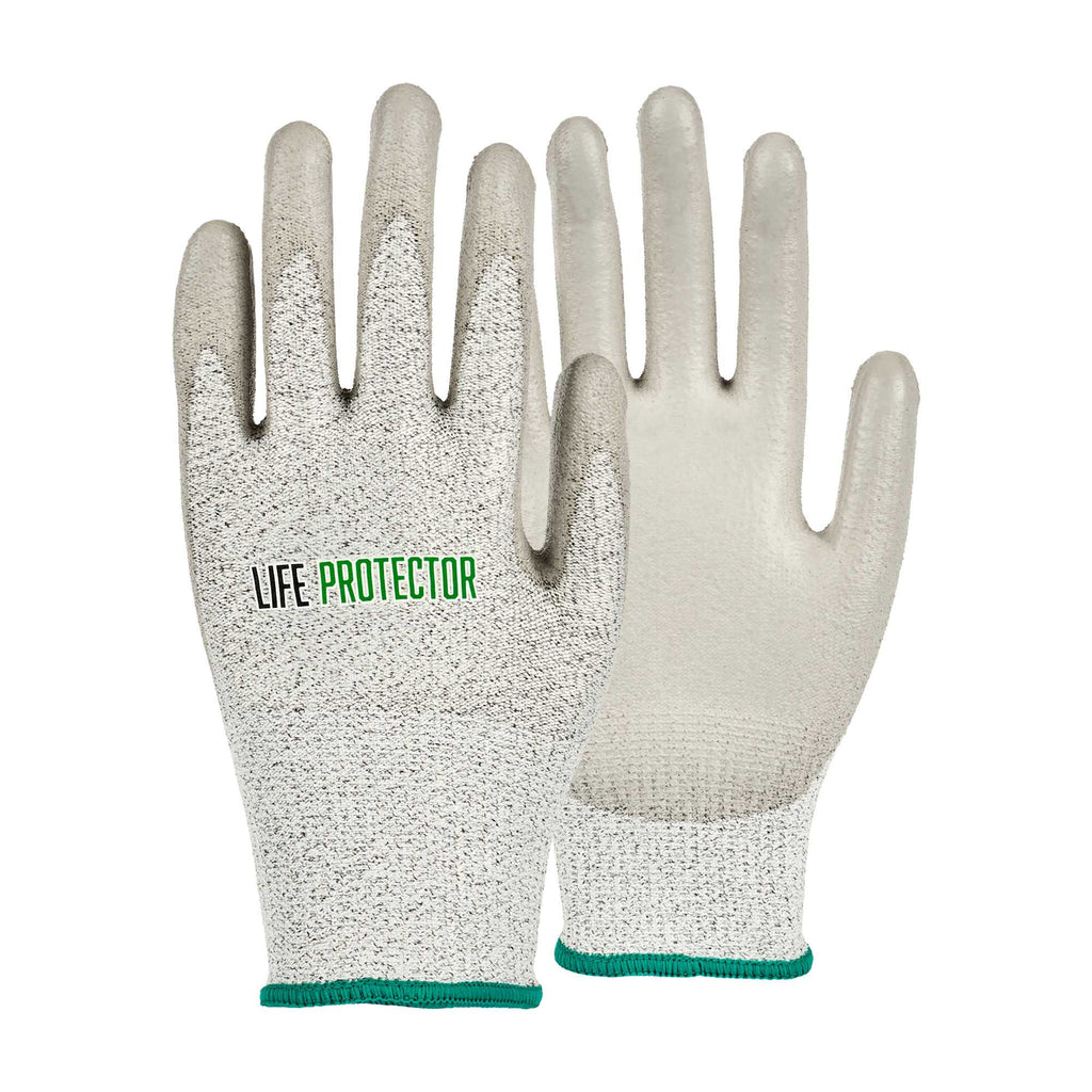 Life Protector Gray HPPE Polyester / Spandex Medium Work Gloves - with Polyurethane Palm Coating, Cut-Resistant - Pair - 1 count box