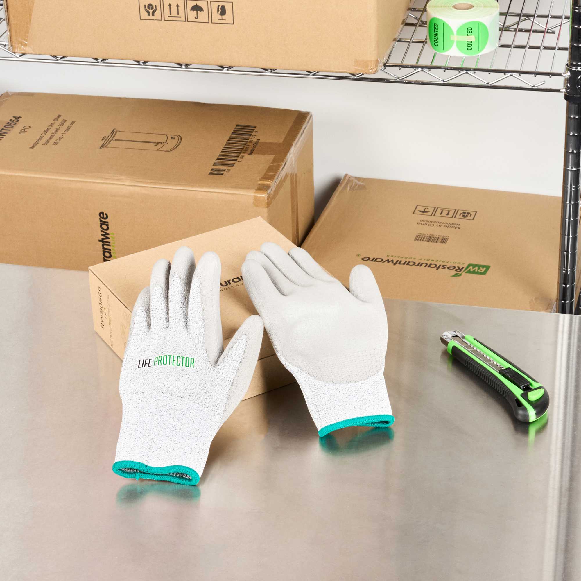 Life Protector Gray HPPE Polyester / Spandex Medium Work Gloves - with Polyurethane Palm Coating, Cut-Resistant - Pair - 1 count box