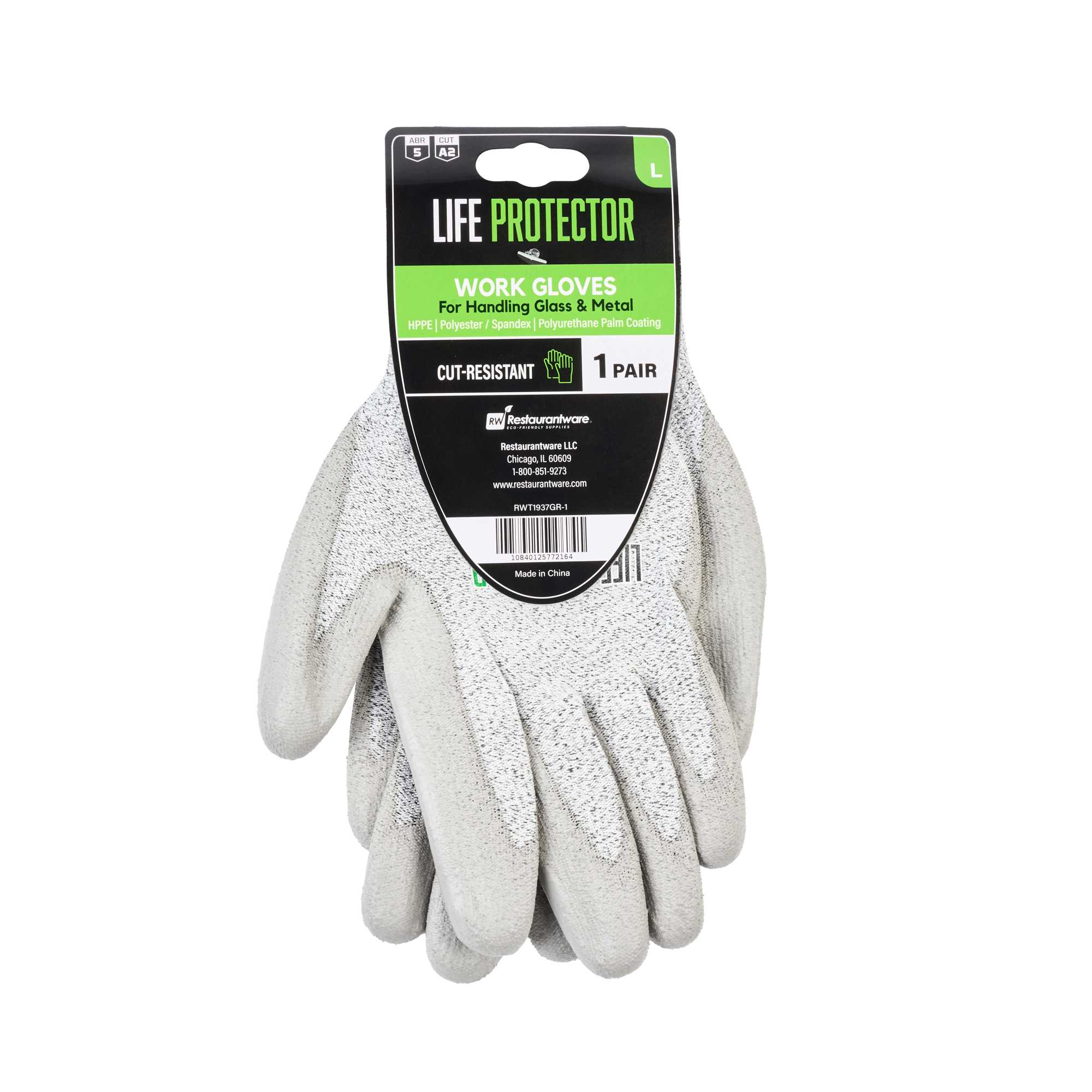 Life Protector Gray HPPE Polyester / Spandex Large Work Gloves - with Polyurethane Palm Coating, Cut-Resistant - Pair - 1 count box