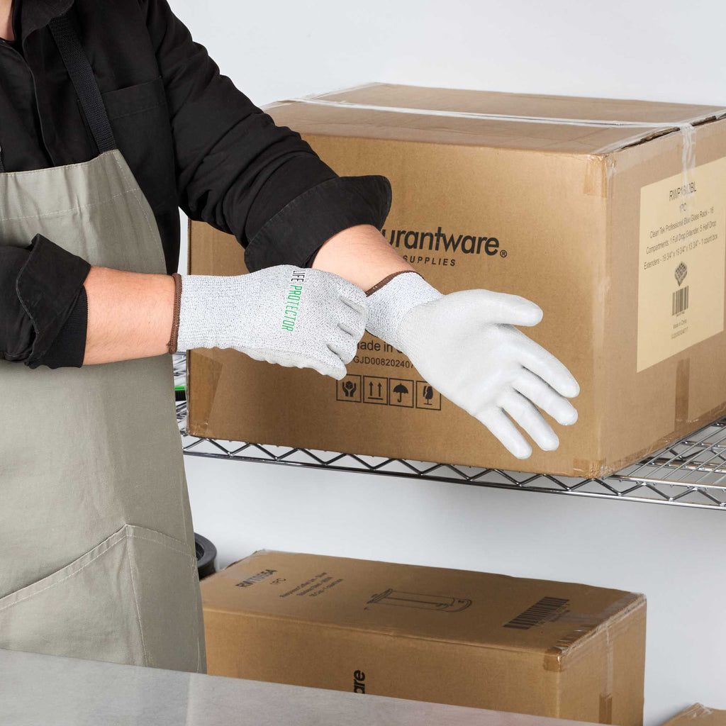 Life Protector Gray HPPE Polyester / Spandex Large Work Gloves - with Polyurethane Palm Coating, Cut-Resistant - Pair - 1 count box