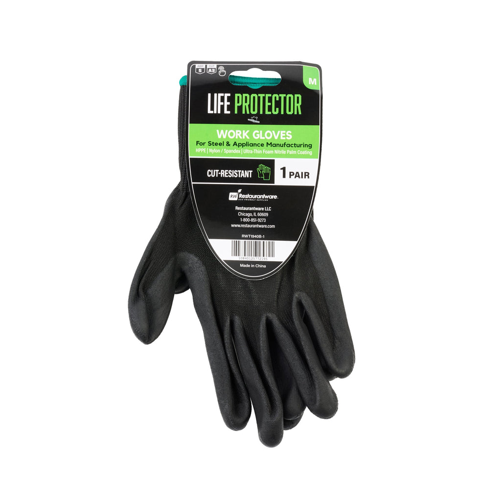 Life Protector Black HPPE Nylon / Spandex Medium Work Gloves - with Ultra-Thin Foam Nitrile Palm Coating,Cut-Resistant - Pair - 10 count box