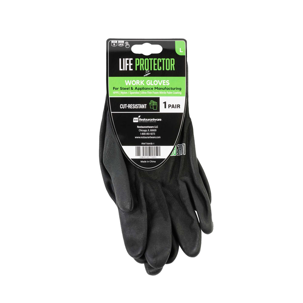 Life Protector Black HPPE Nylon / Spandex Large Work Gloves - with Ultra-Thin Foam Nitrile Palm Coating, Cut-Resistant - Pair - 1 count box
