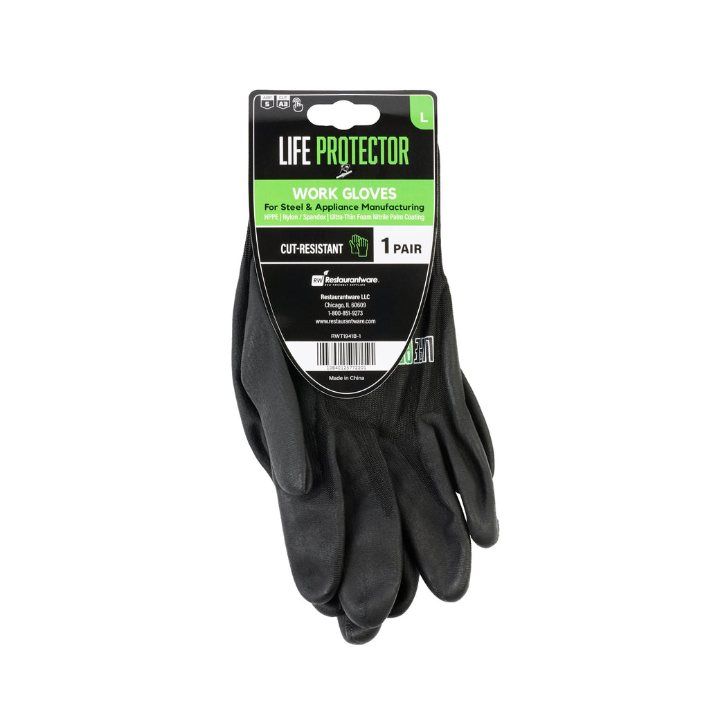 Life Protector Black HPPE Nylon / Spandex Large Work Gloves - with Ultra-Thin Foam Nitrile Palm Coating, Cut-Resistant - Pair - 10 count box