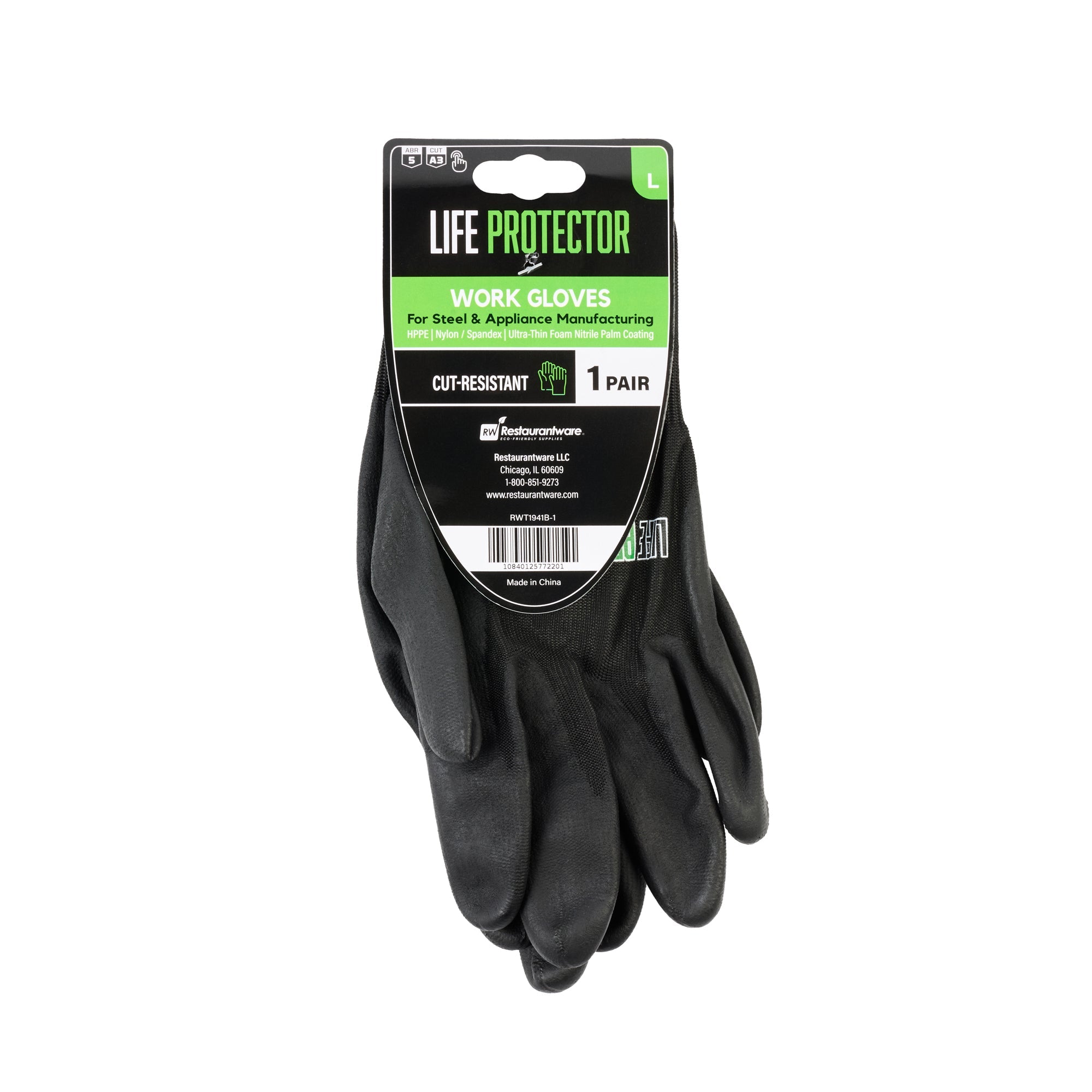 Life Protector Black HPPE Nylon / Spandex Large Work Gloves - with Ultra-Thin Foam Nitrile Palm Coating, Cut-Resistant - Pair - 10 count box