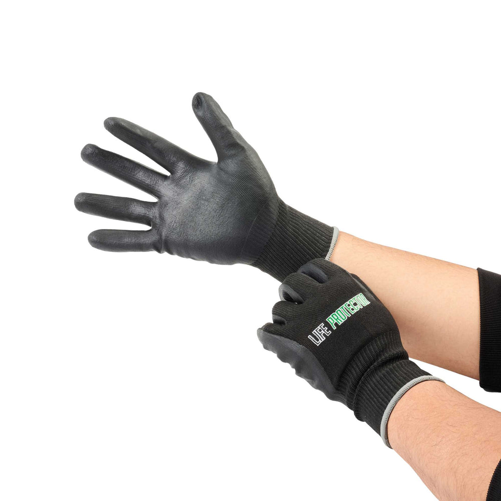 Life Protector Black HPPE Nylon / Spandex Extra Large Work Gloves - Ultra-Thin Foam Nitrile Palm Coating, Cut-Resistant - Pair - 1 count box
